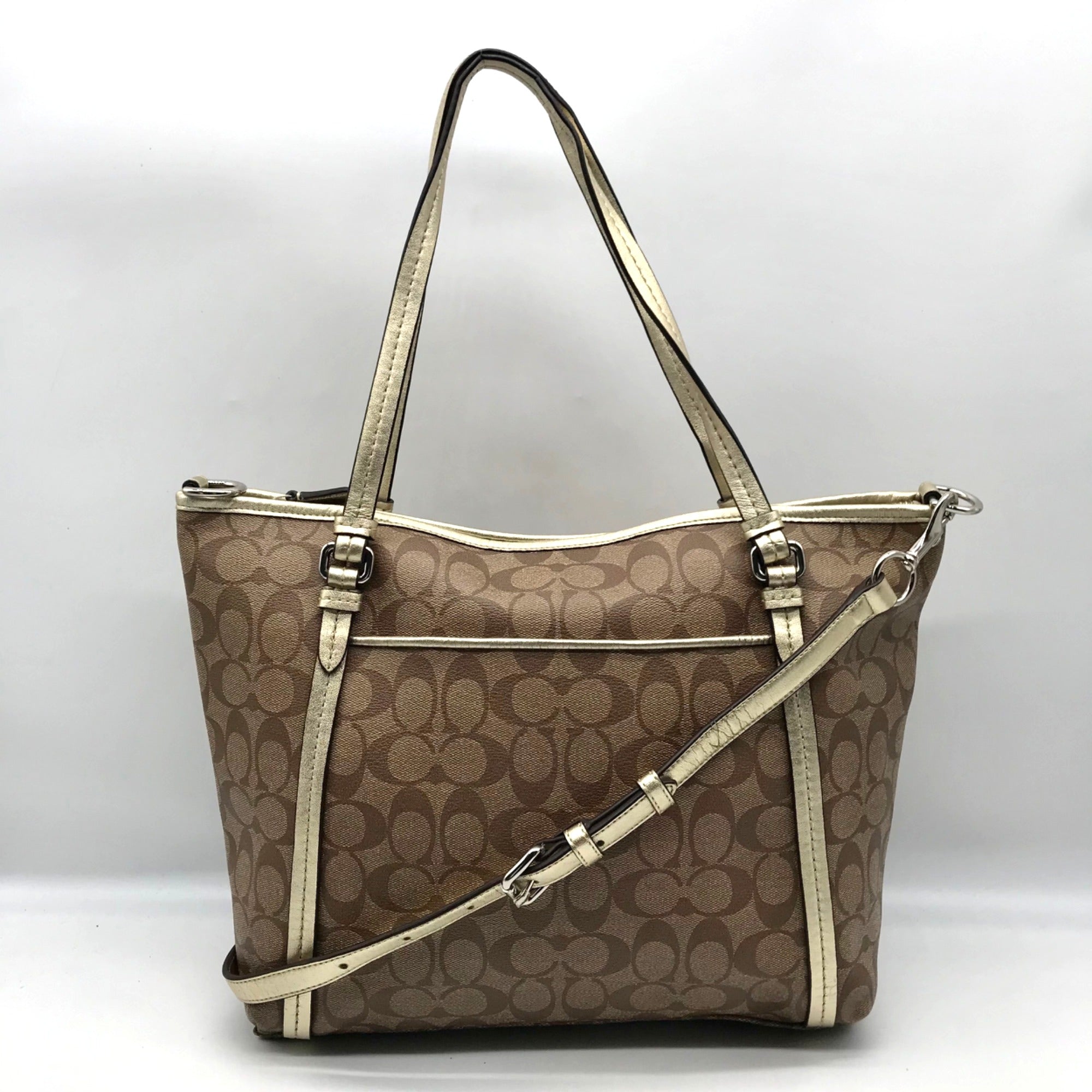 Coach Khaki and Gold Coated Canvas Peyton Pocket Large Tote Bag