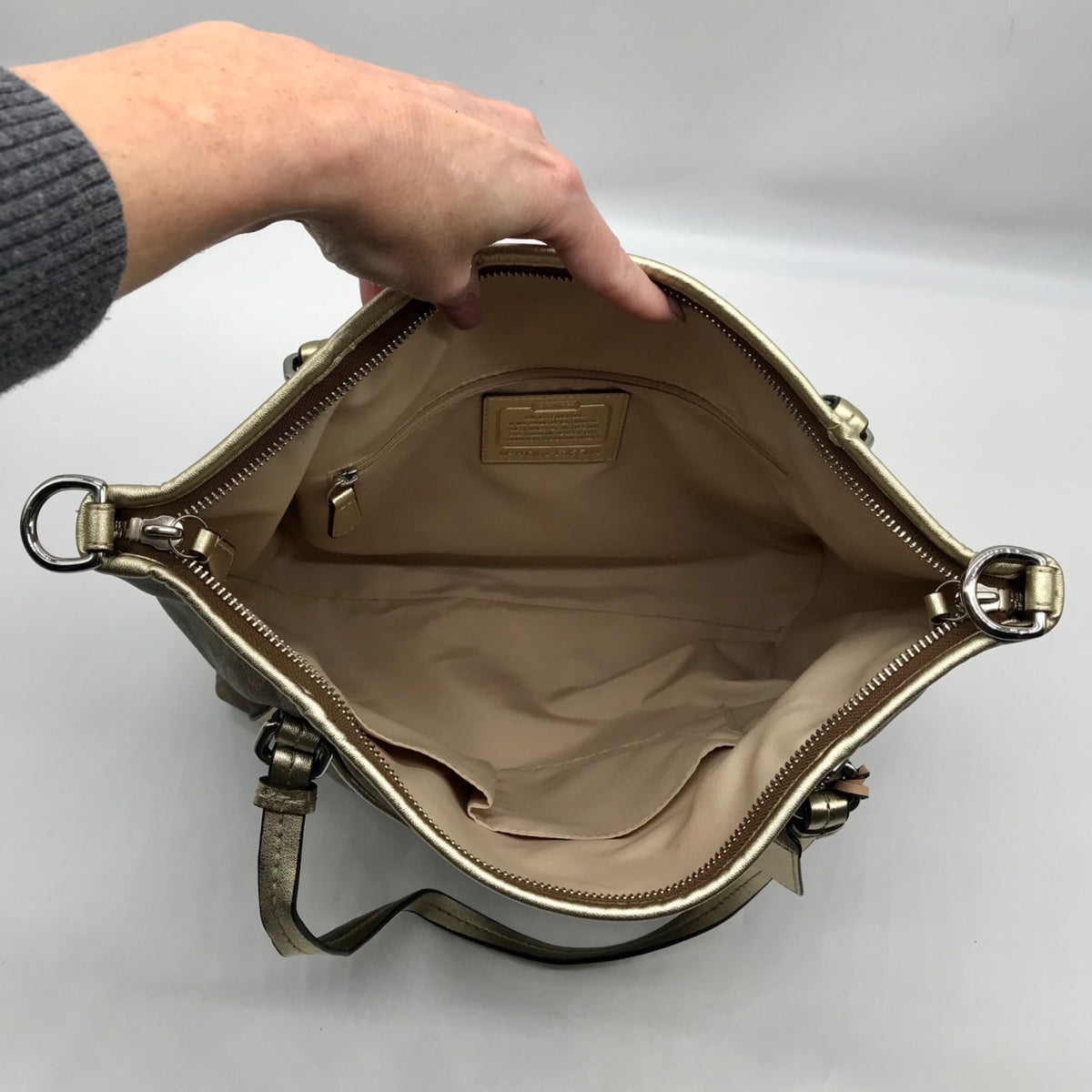 Coach Khaki and Gold Coated Canvas Peyton Pocket Large Tote Bag