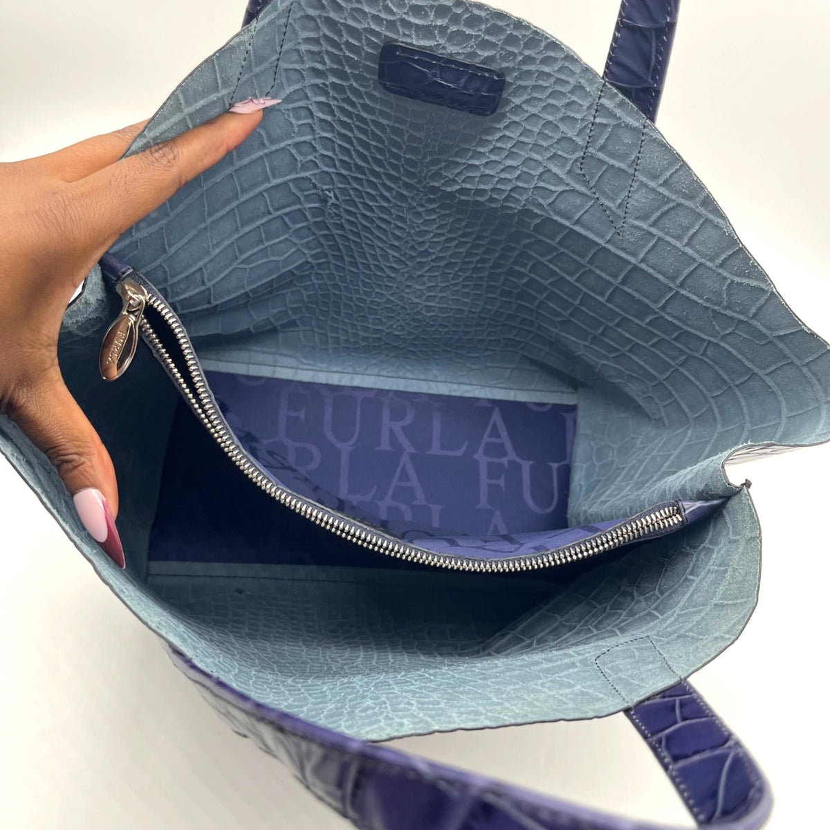 Furla Deep Violet Croc-Embossed Leather Tote Bag