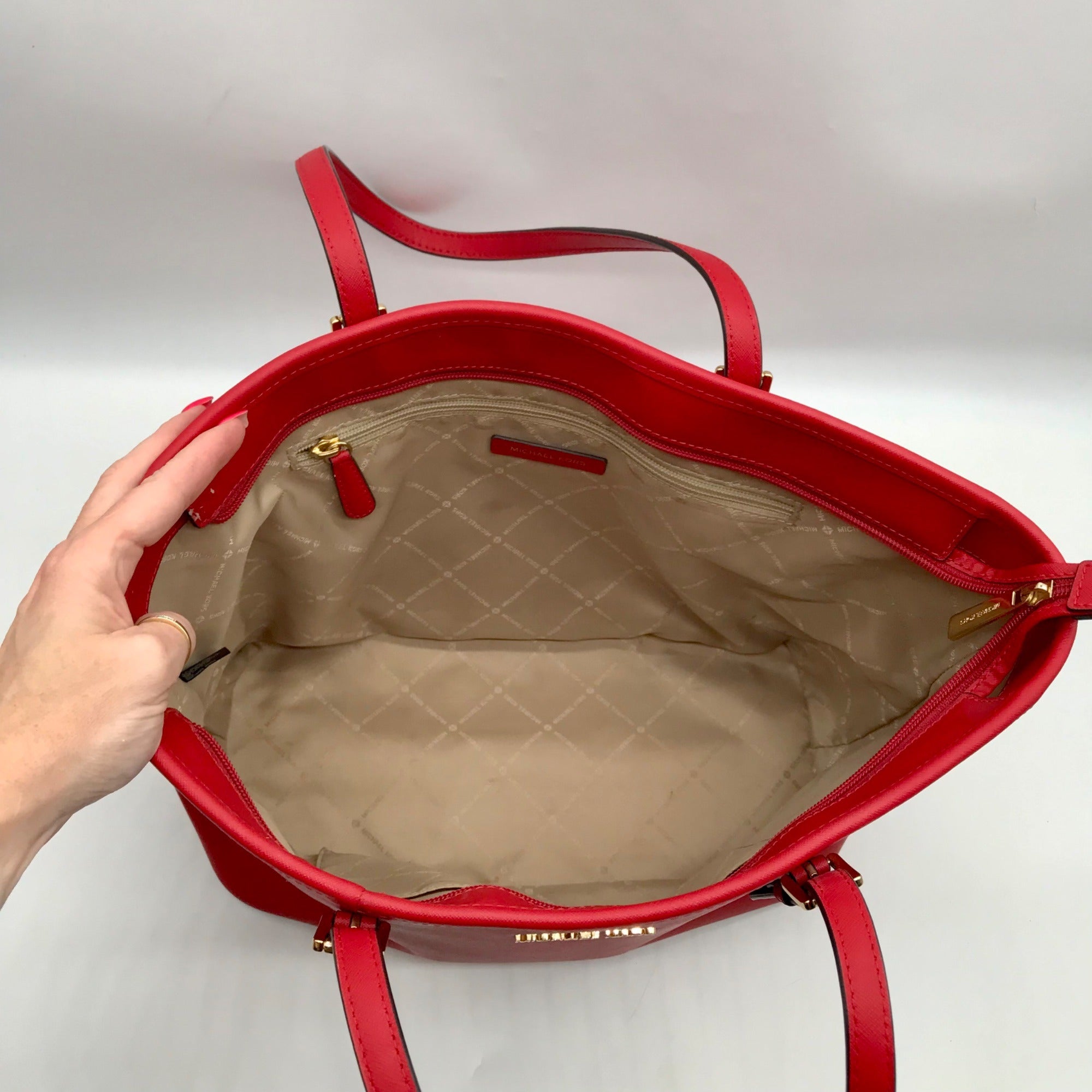 Michael Kors Red Saffiano Leather Jet Set Tote Bag