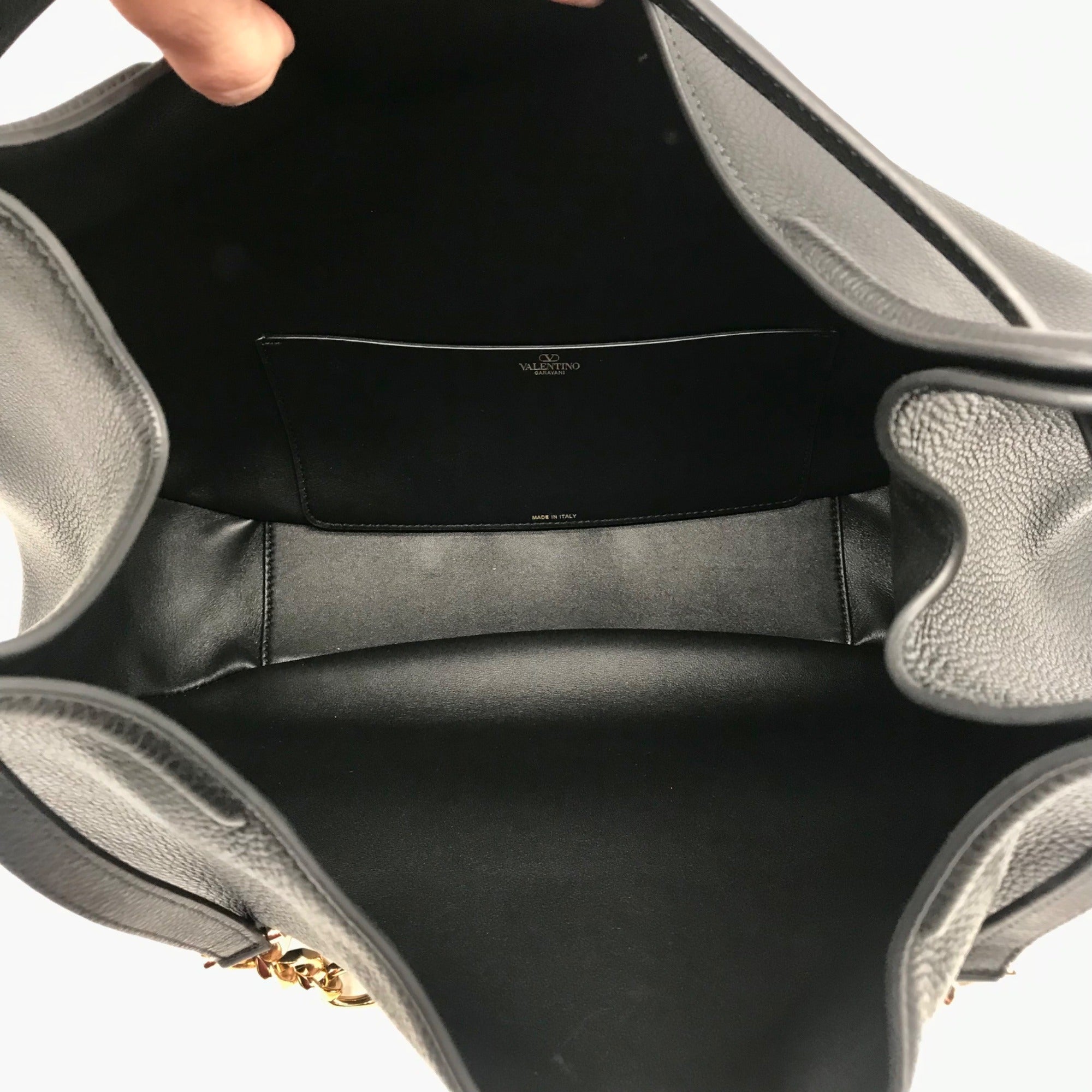 Valentino Garavani Black Leather V Logo Moon Tote Bag