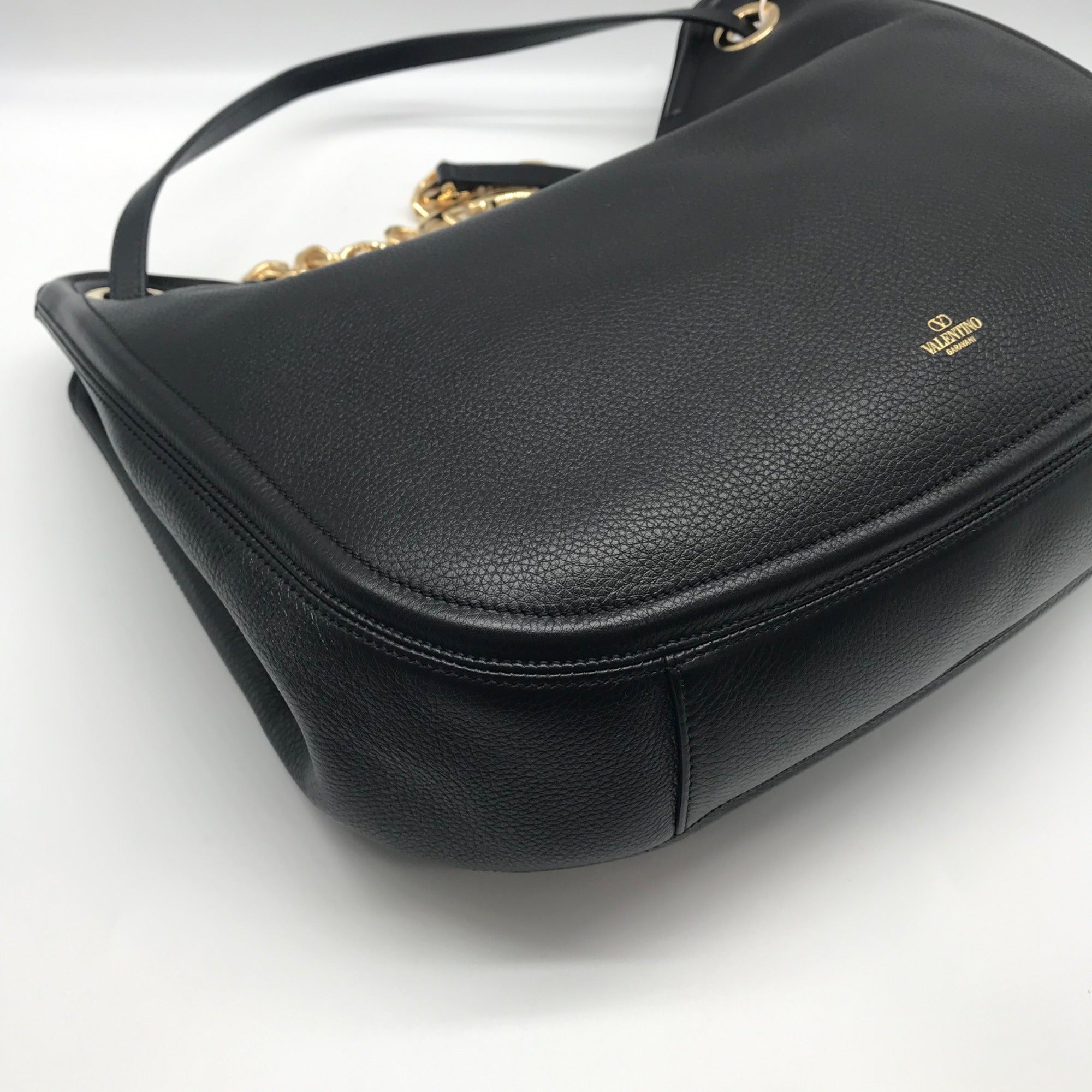 Valentino Garavani Black Leather V Logo Moon Tote Bag