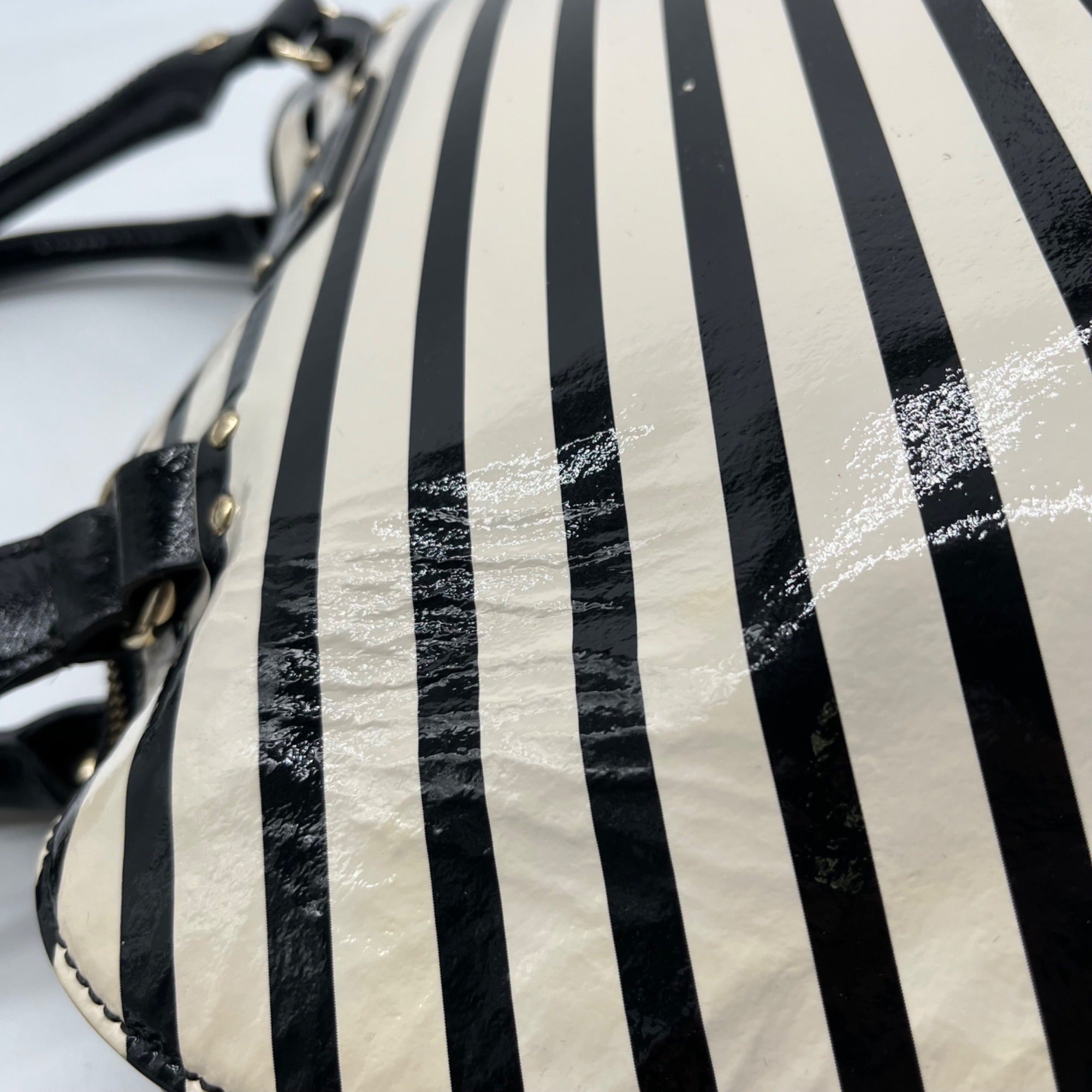Kate Spade Black And White Patent Leather Rachelle Wellesley Striped Satchel