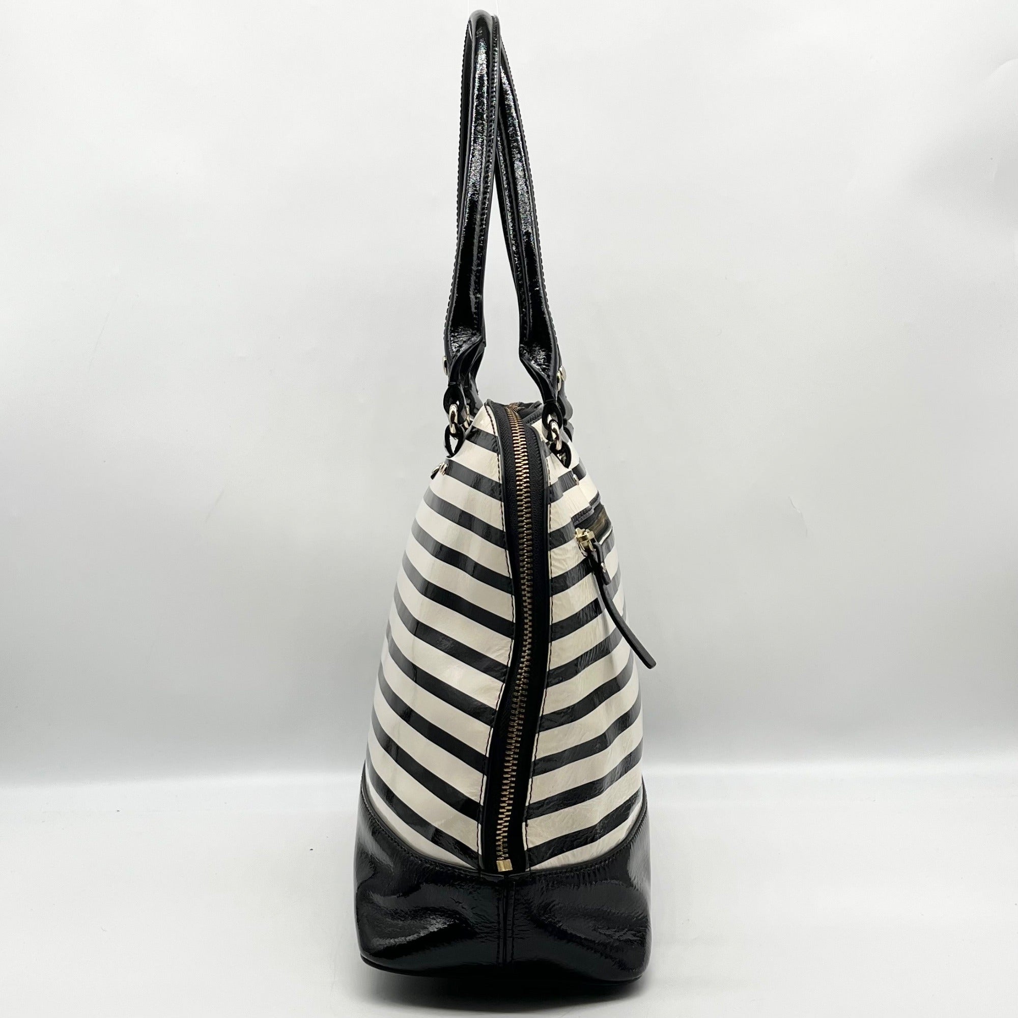 Kate Spade Black And White Patent Leather Rachelle Wellesley Striped Satchel