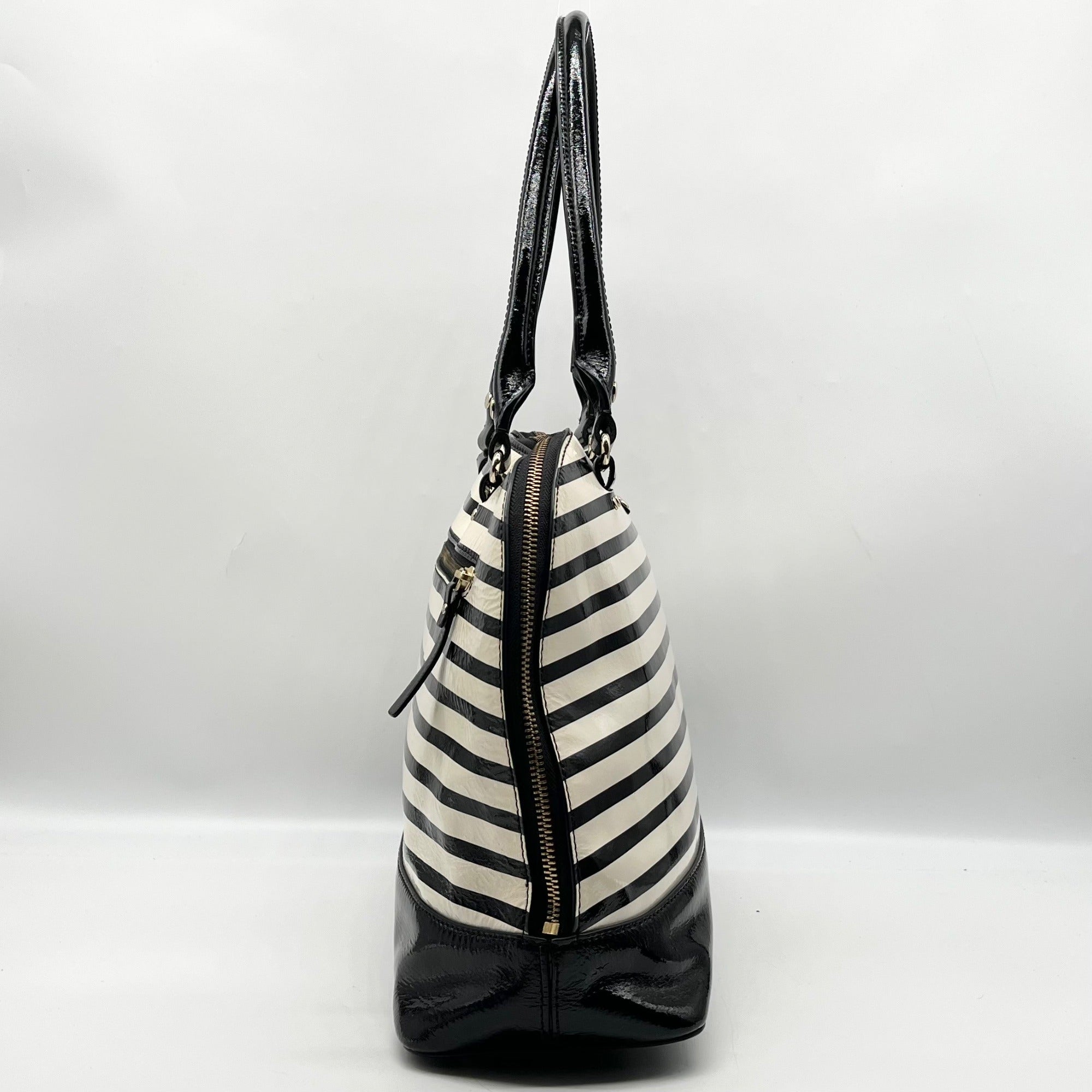 Kate Spade Black And White Patent Leather Rachelle Wellesley Striped Satchel
