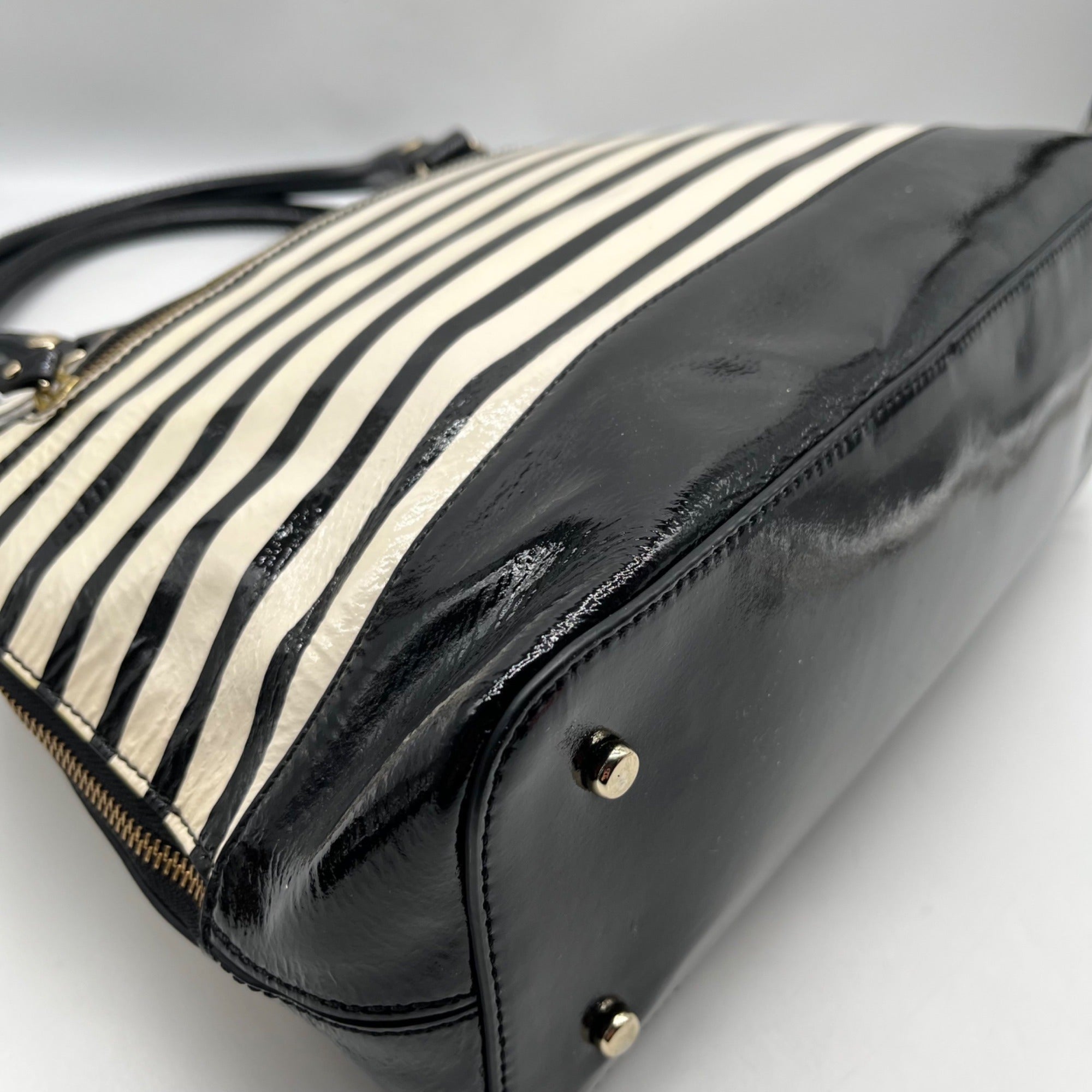Kate Spade Black And White Patent Leather Rachelle Wellesley Striped Satchel