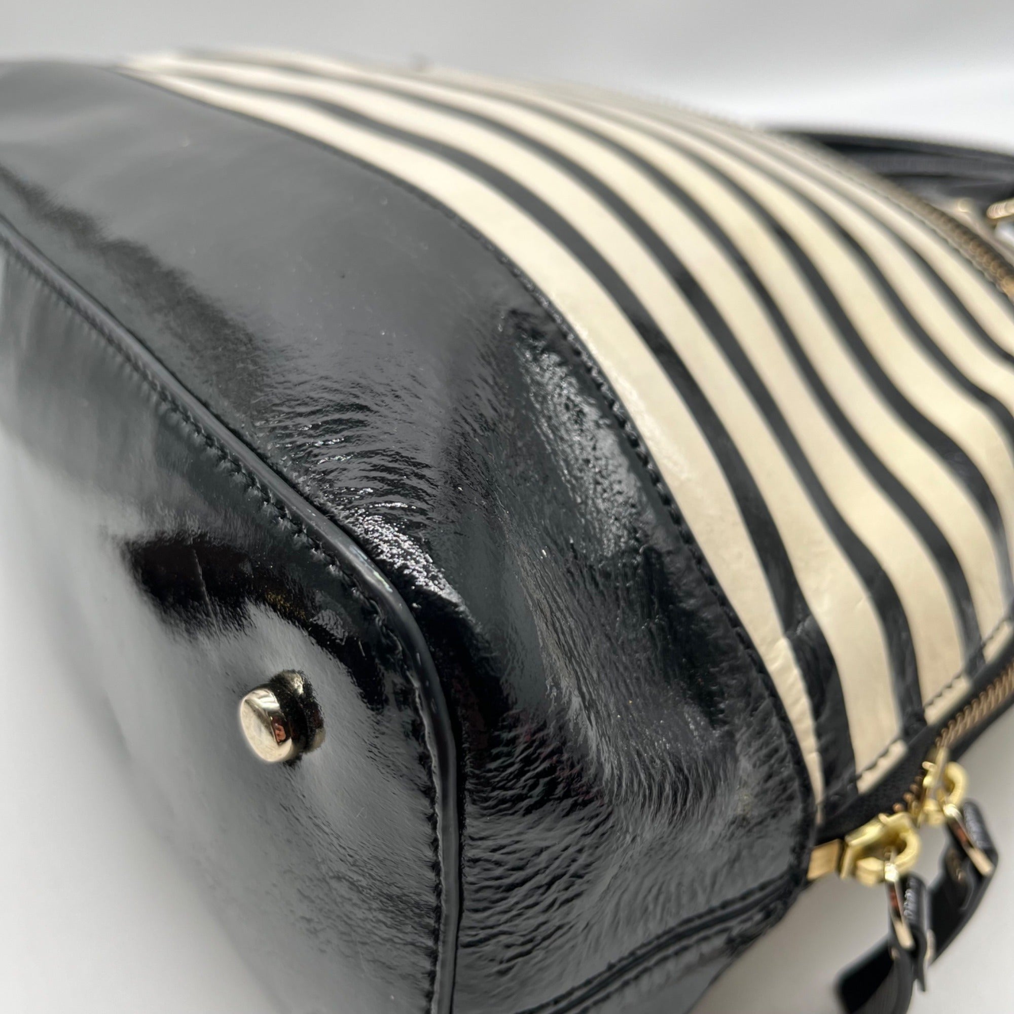 Kate Spade Black And White Patent Leather Rachelle Wellesley Striped Satchel