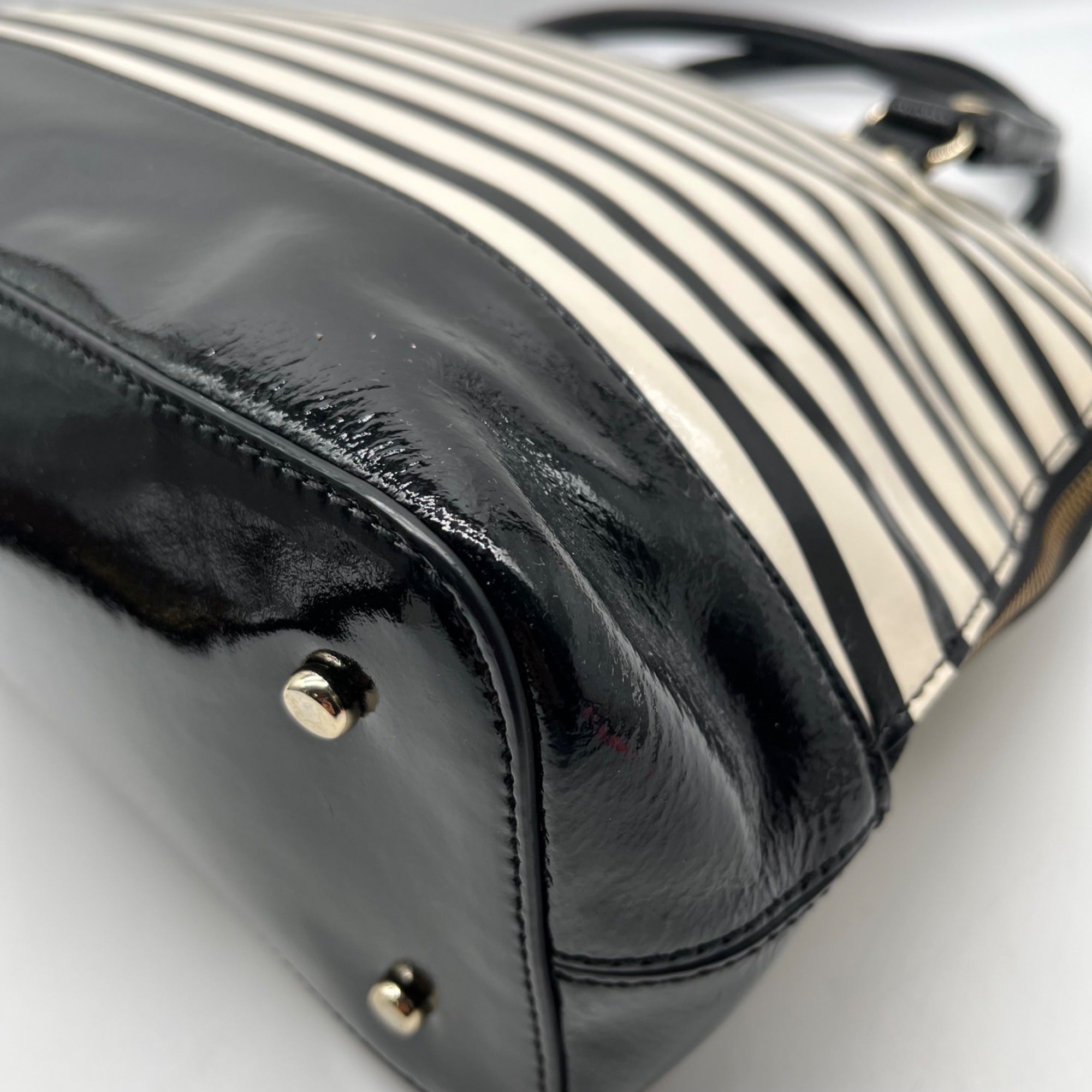 Kate Spade Black And White Patent Leather Rachelle Wellesley Striped Satchel