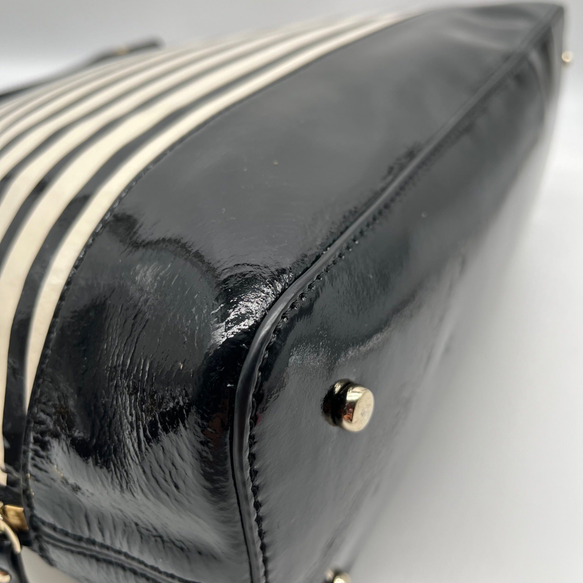 Kate Spade Black And White Patent Leather Rachelle Wellesley Striped Satchel