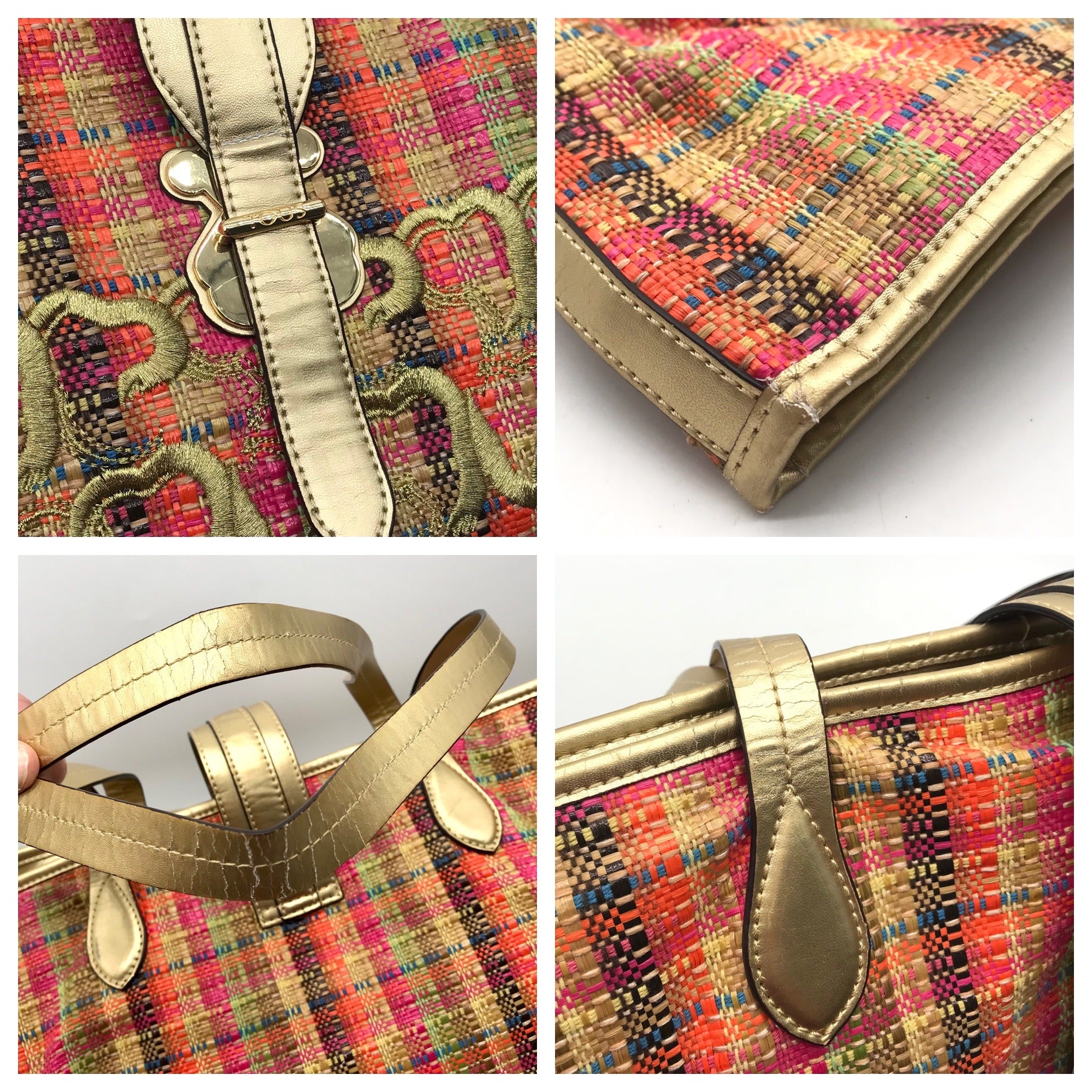 Tous Multicolor Plaid Fabric &amp; Raffia Shopper Tote