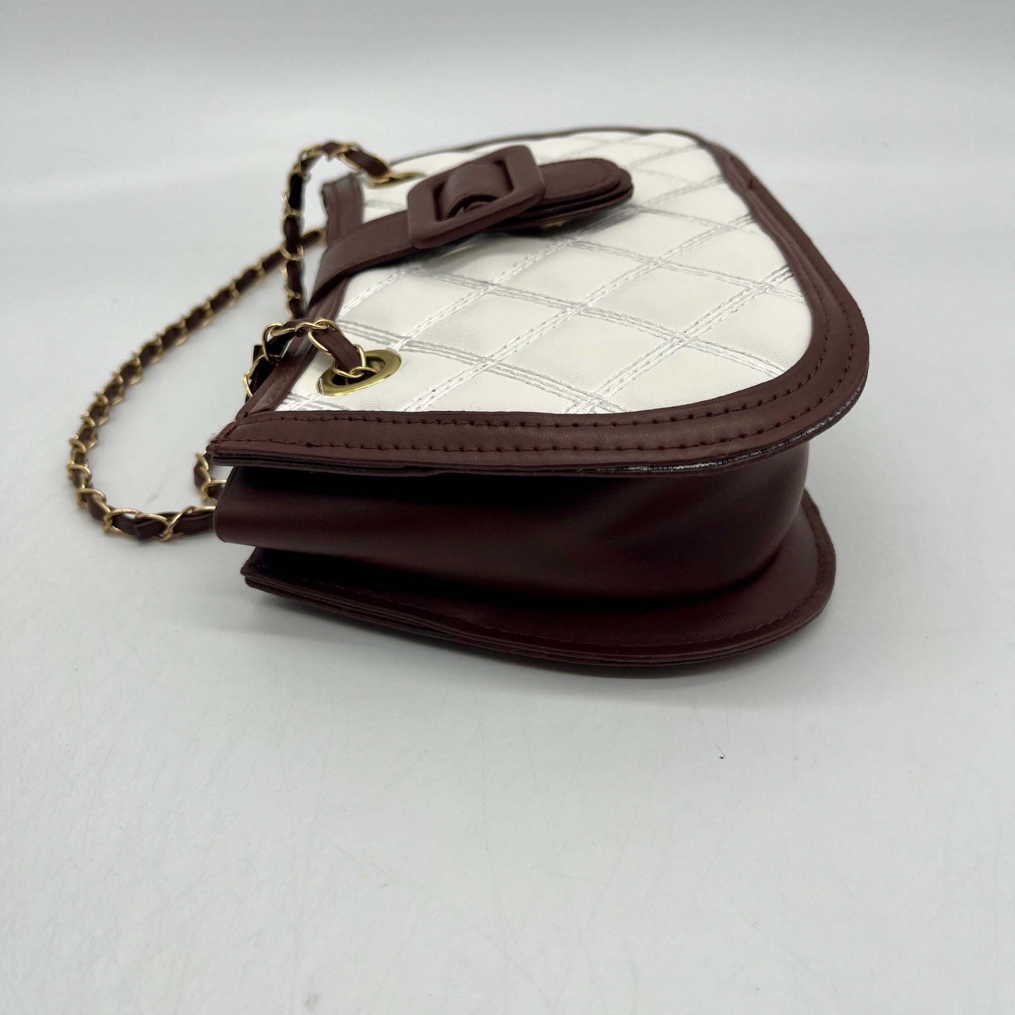 MMS Brand  White/Brown Faux Leather Quilted Chain Shoulder Bag
