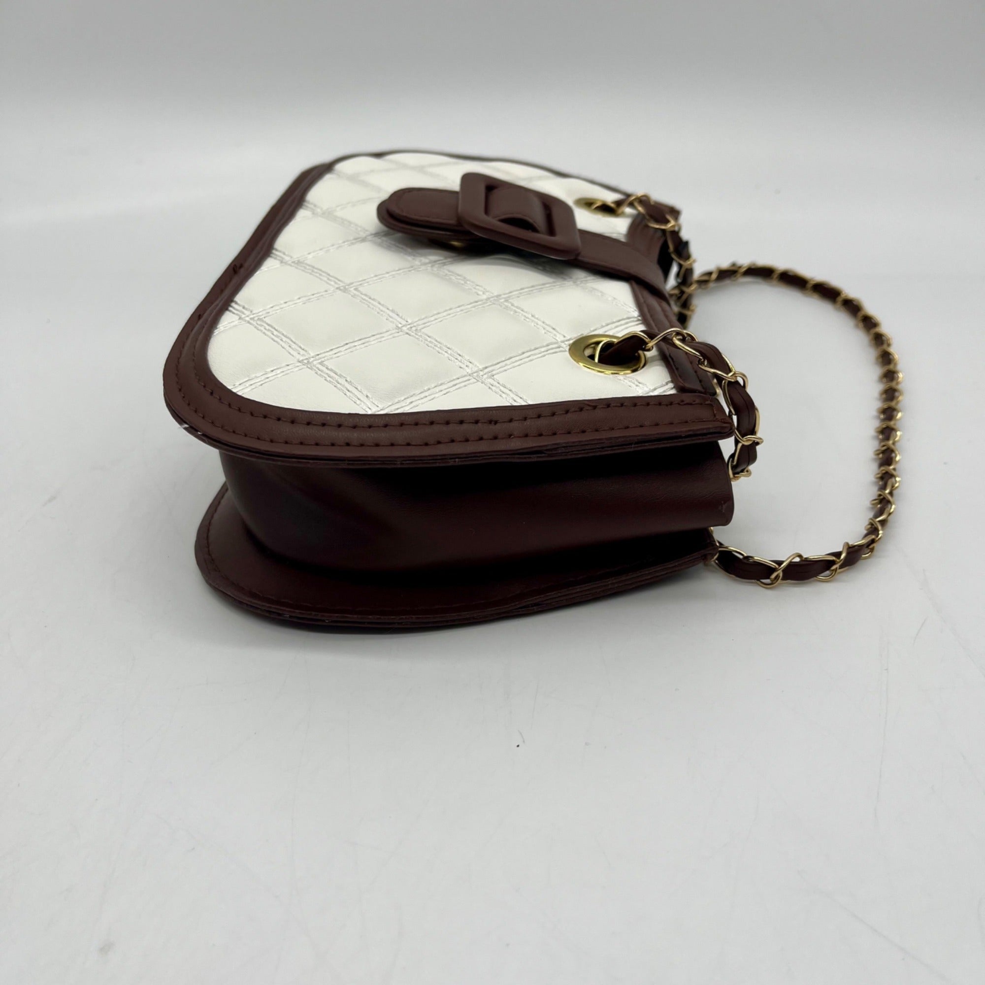MMS Brand  White/Brown Faux Leather Quilted Chain Shoulder Bag