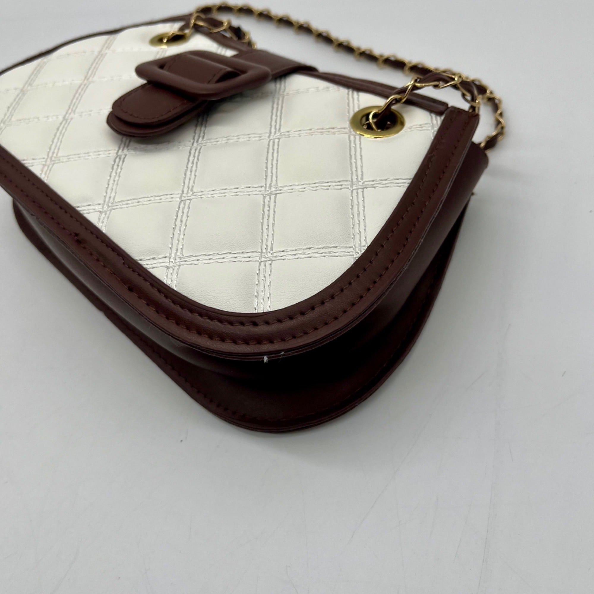 MMS Brand  White/Brown Faux Leather Quilted Chain Shoulder Bag