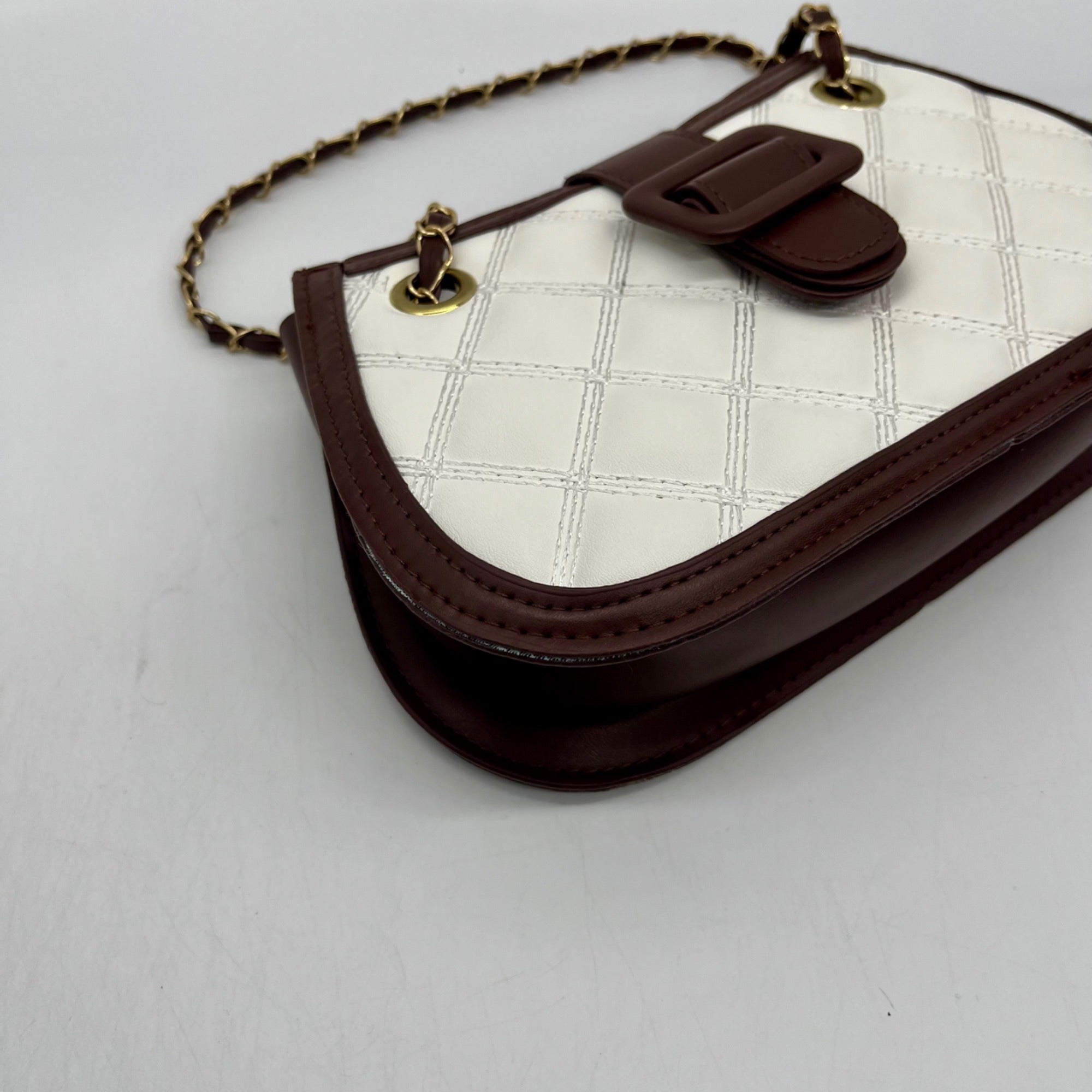MMS Brand  White/Brown Faux Leather Quilted Chain Shoulder Bag