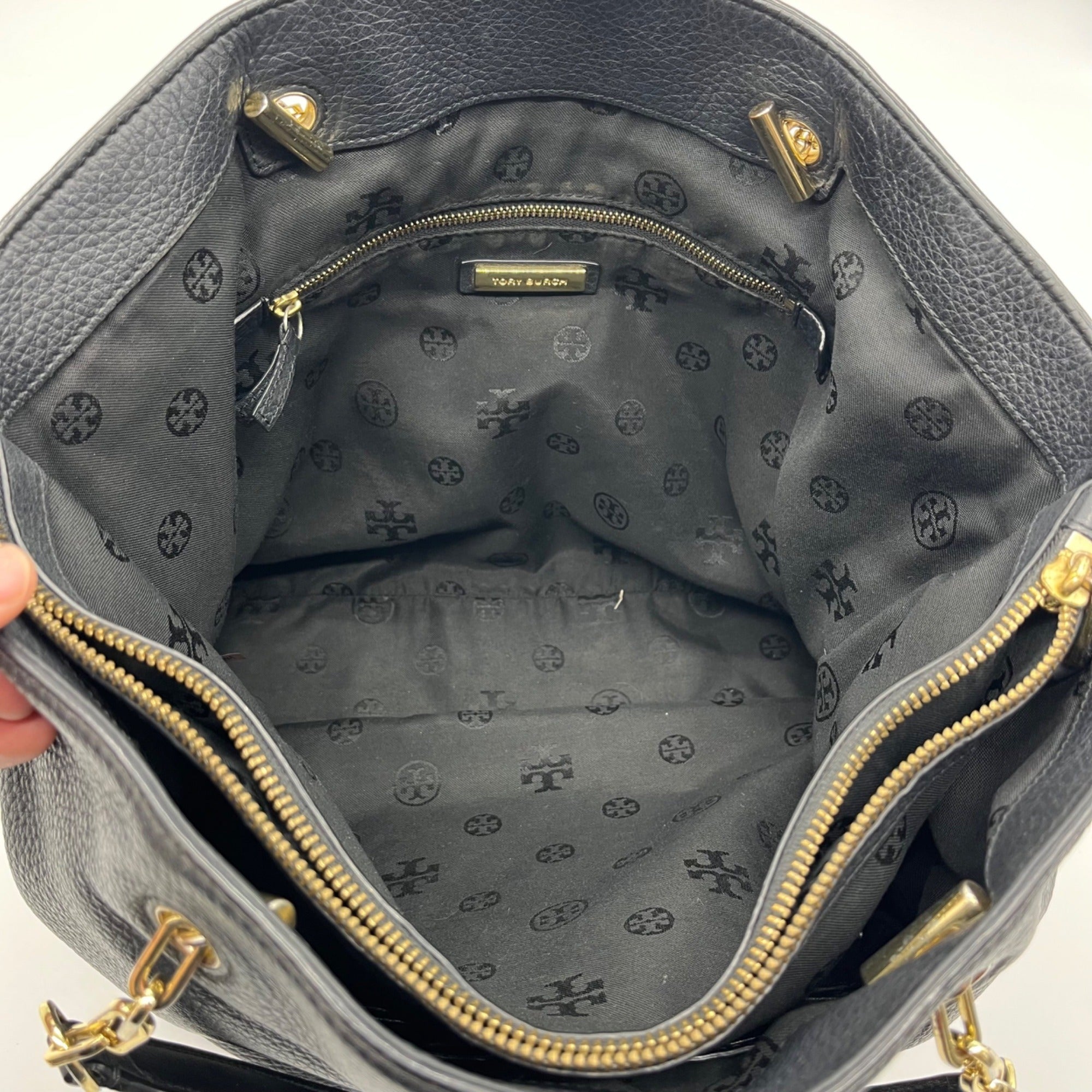 Tory Burch Black Pebbled Leather Carter Chain Tote Bag