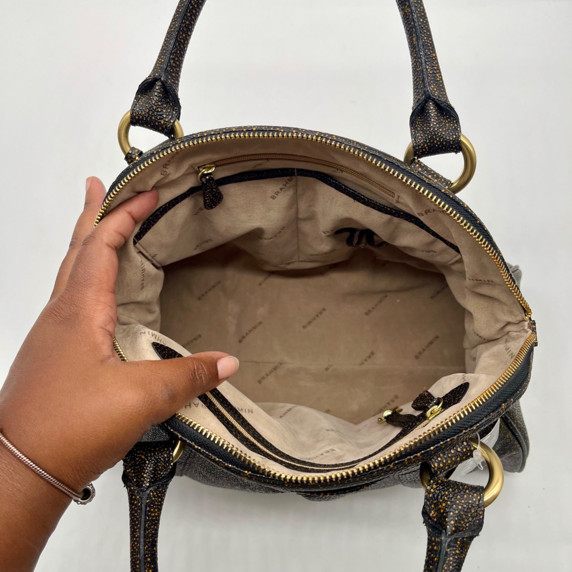 Brahmin Brown And Orange Pebbled Leather Satchel