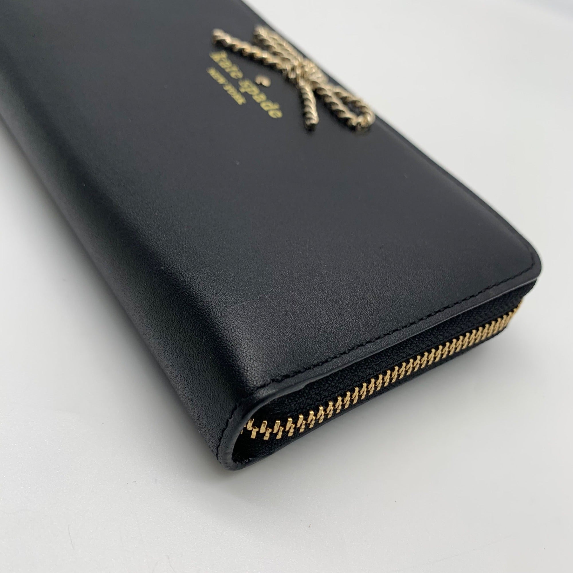 Kate Spade Black Leather Braided Ribbon Long Zip Around Wallet