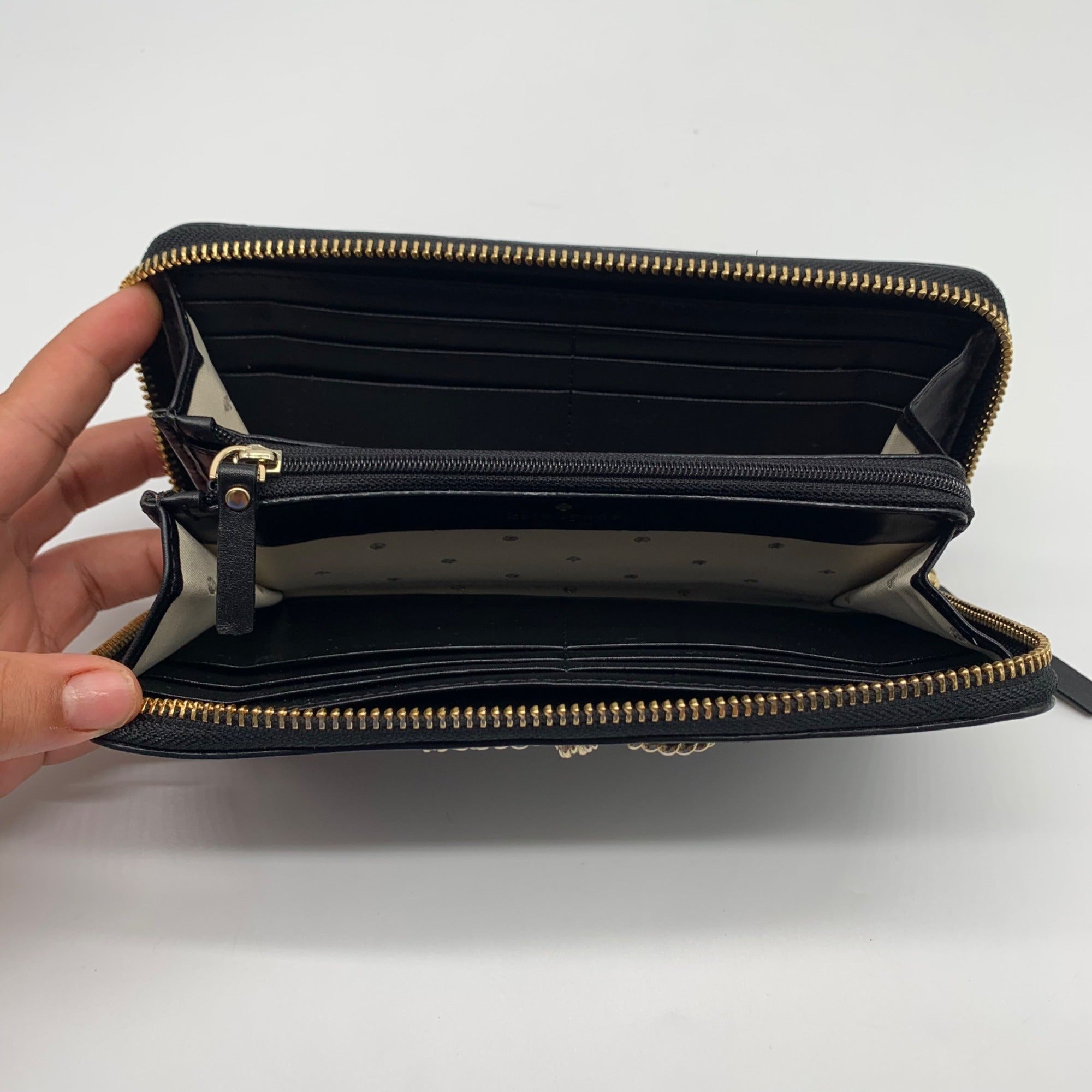 Kate Spade Black Leather Braided Ribbon Long Zip Around Wallet