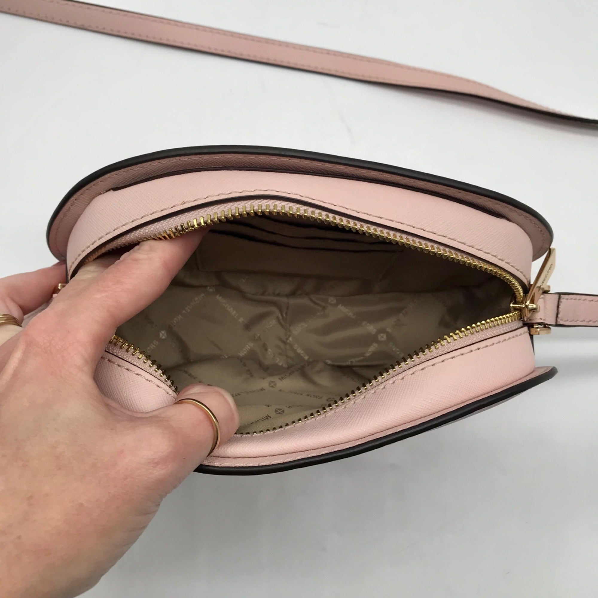 Michael Kors Pink Saffiano Leather Jet Set Travel Oval Crossbody Bag