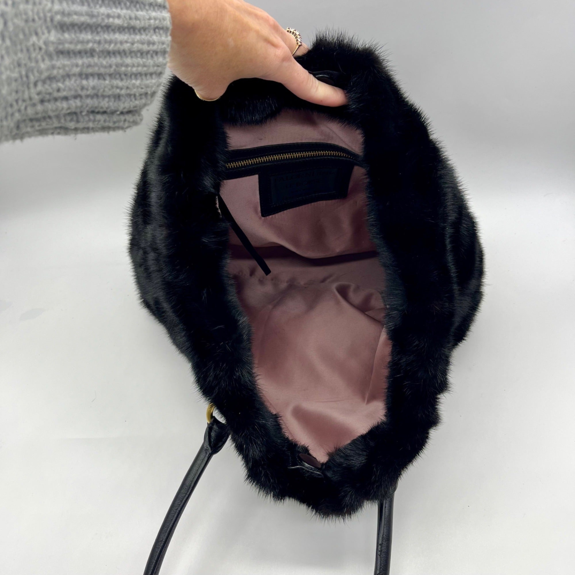 Falorni Italia Le Borse Black Fur Shoulder Bag
