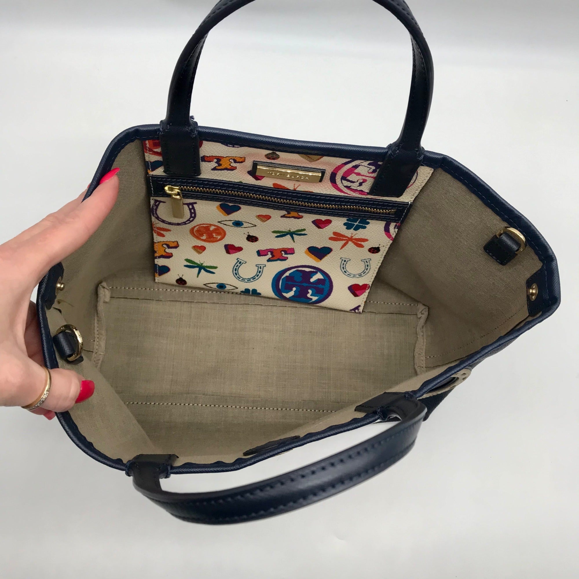 Tory Burch Navy Leather Kerrington I Love You Crossbody Tote