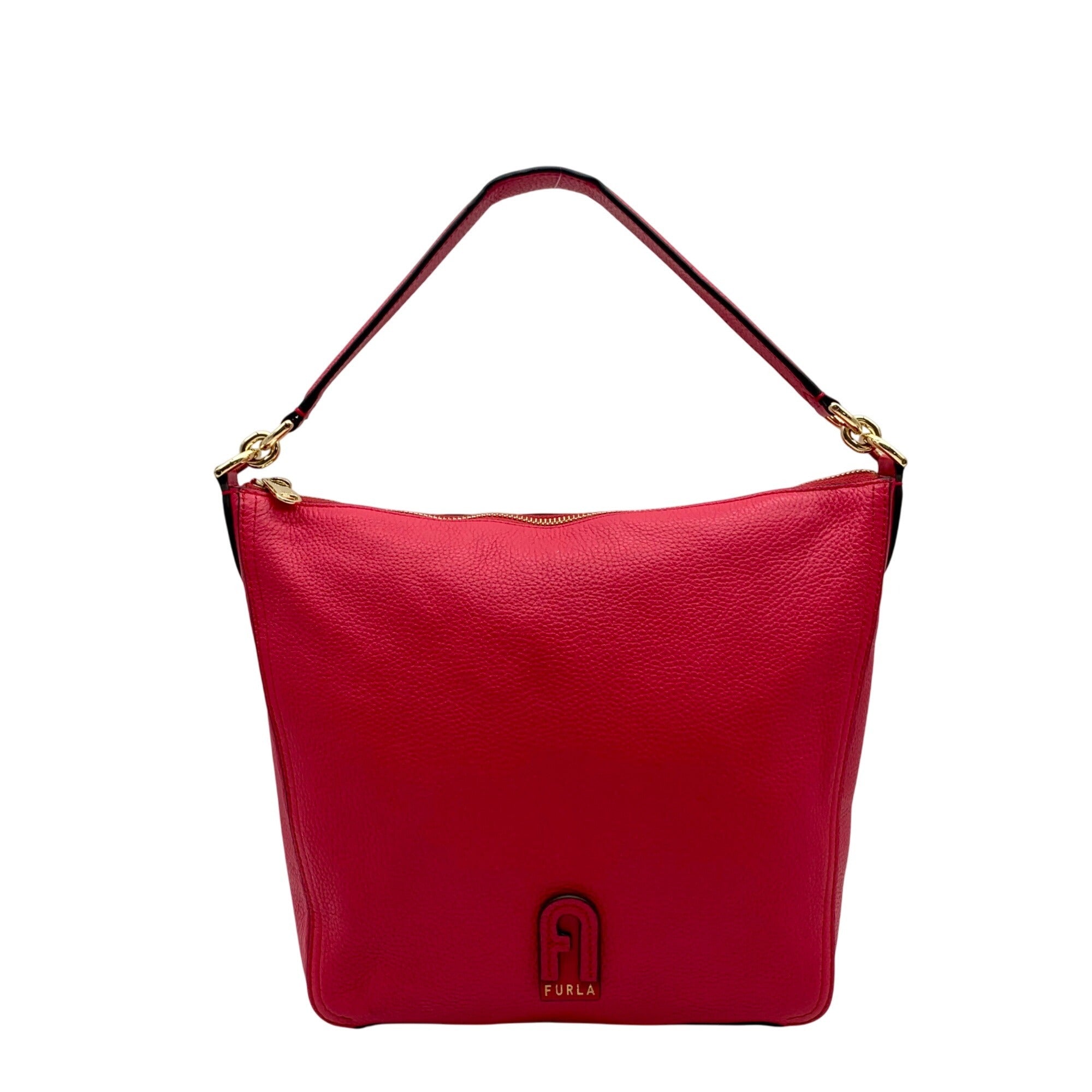 A Furla red pebbled leather shoulder bag with gold-tone hardware and a gold logo on the front, set against a plain white background.