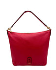 A Furla red pebbled leather shoulder bag with gold-tone hardware and a gold logo on the front, set against a plain white background.