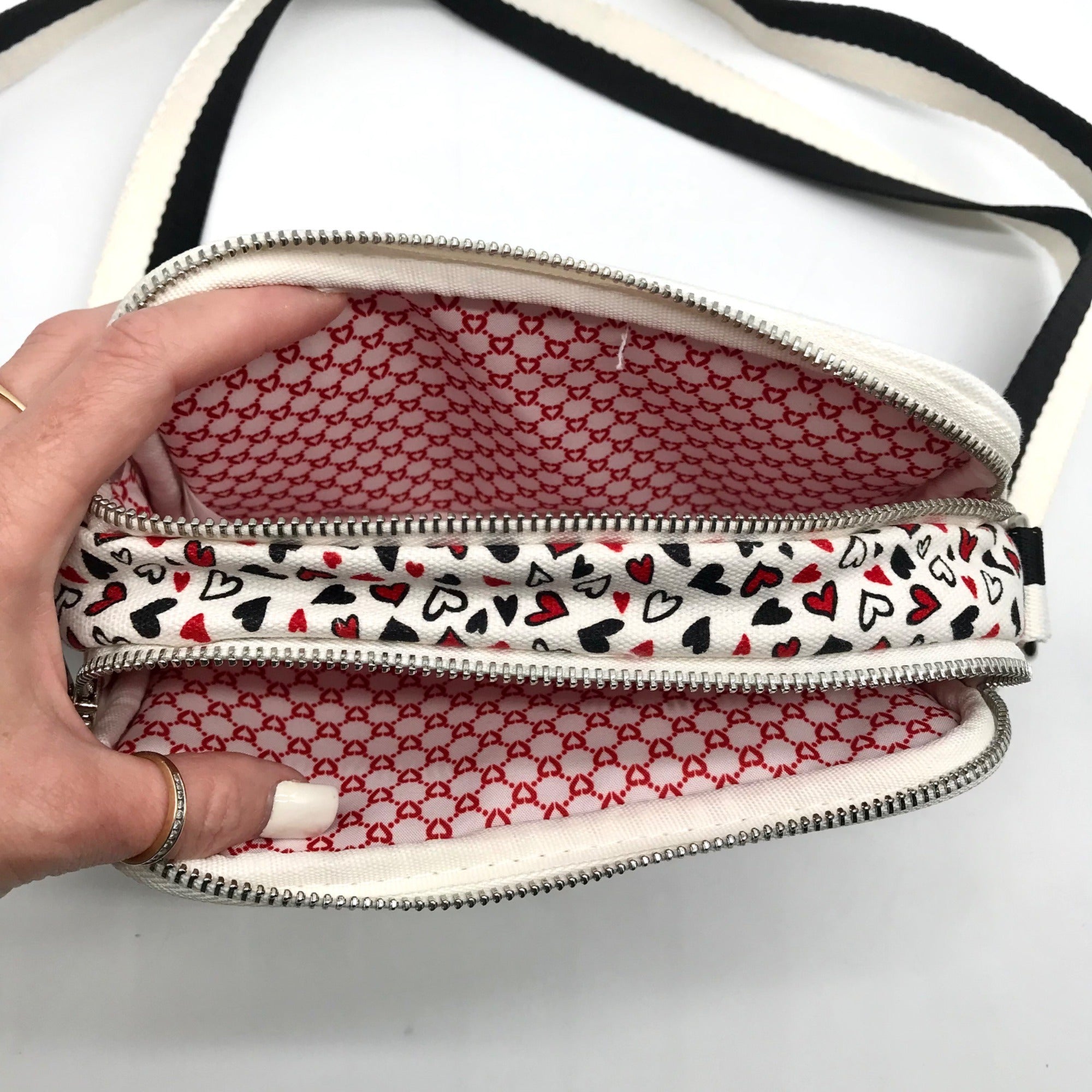 Brighton Red &amp; White Canvas Love Scroll Crossbody Bag