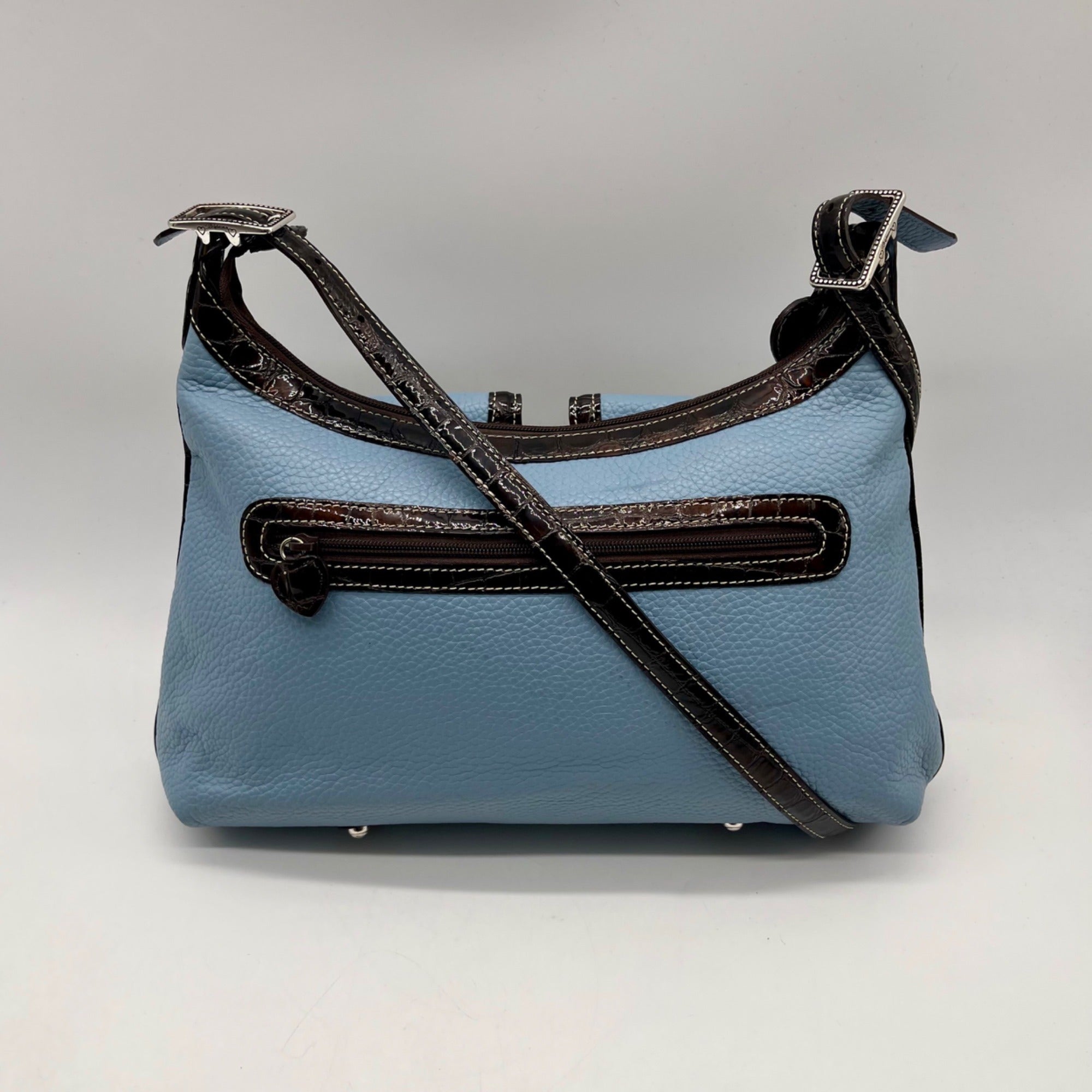 Brighton Sky Blue Pebbled Leather And Croc-Embossed Shoulder Bag