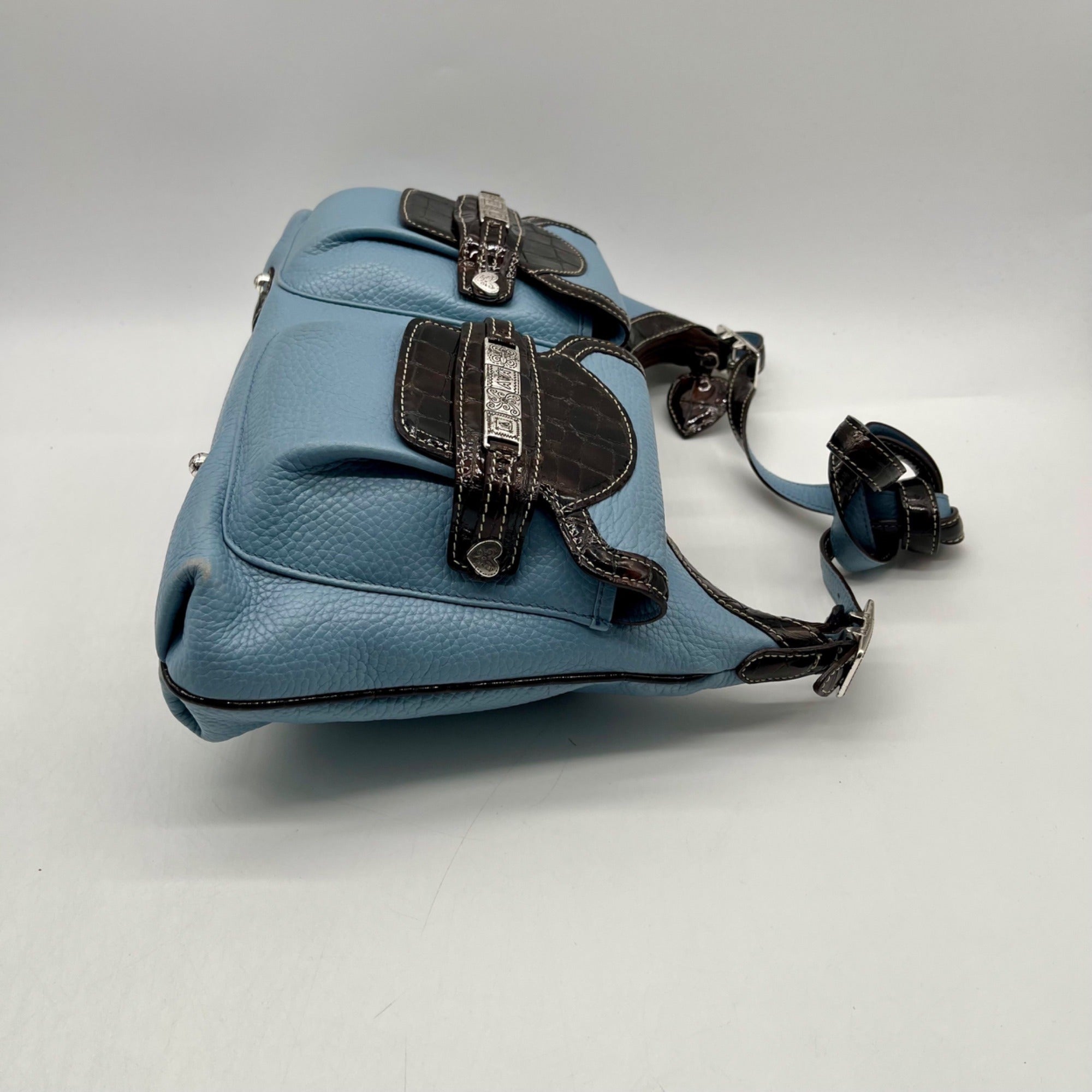 Brighton Sky Blue Pebbled Leather And Croc-Embossed Shoulder Bag