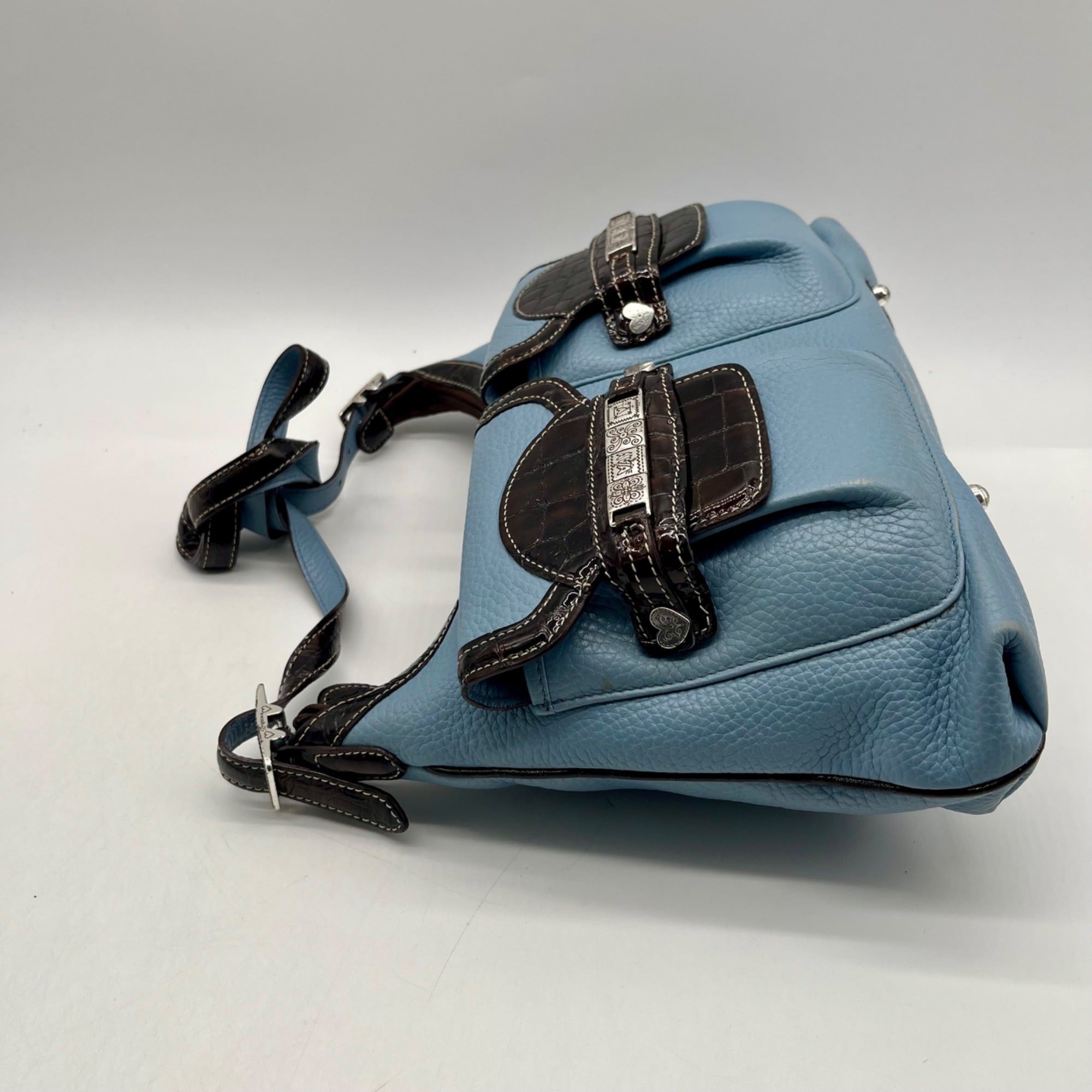 Brighton Sky Blue Pebbled Leather And Croc-Embossed Shoulder Bag