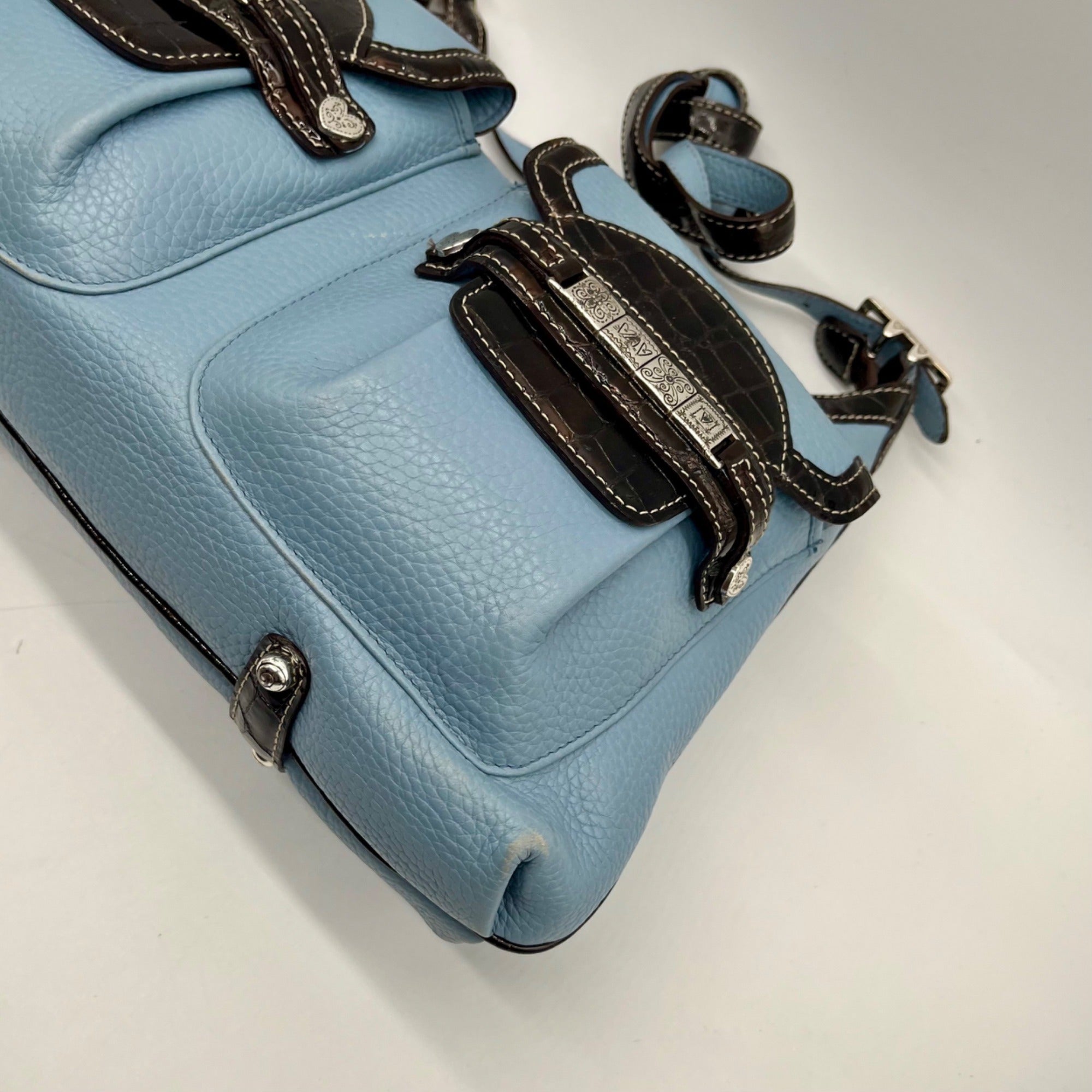 Brighton Sky Blue Pebbled Leather And Croc-Embossed Shoulder Bag