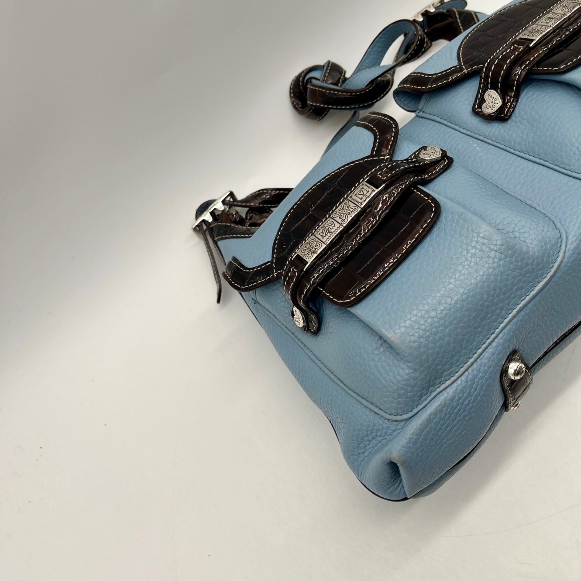 Brighton Sky Blue Pebbled Leather And Croc-Embossed Shoulder Bag