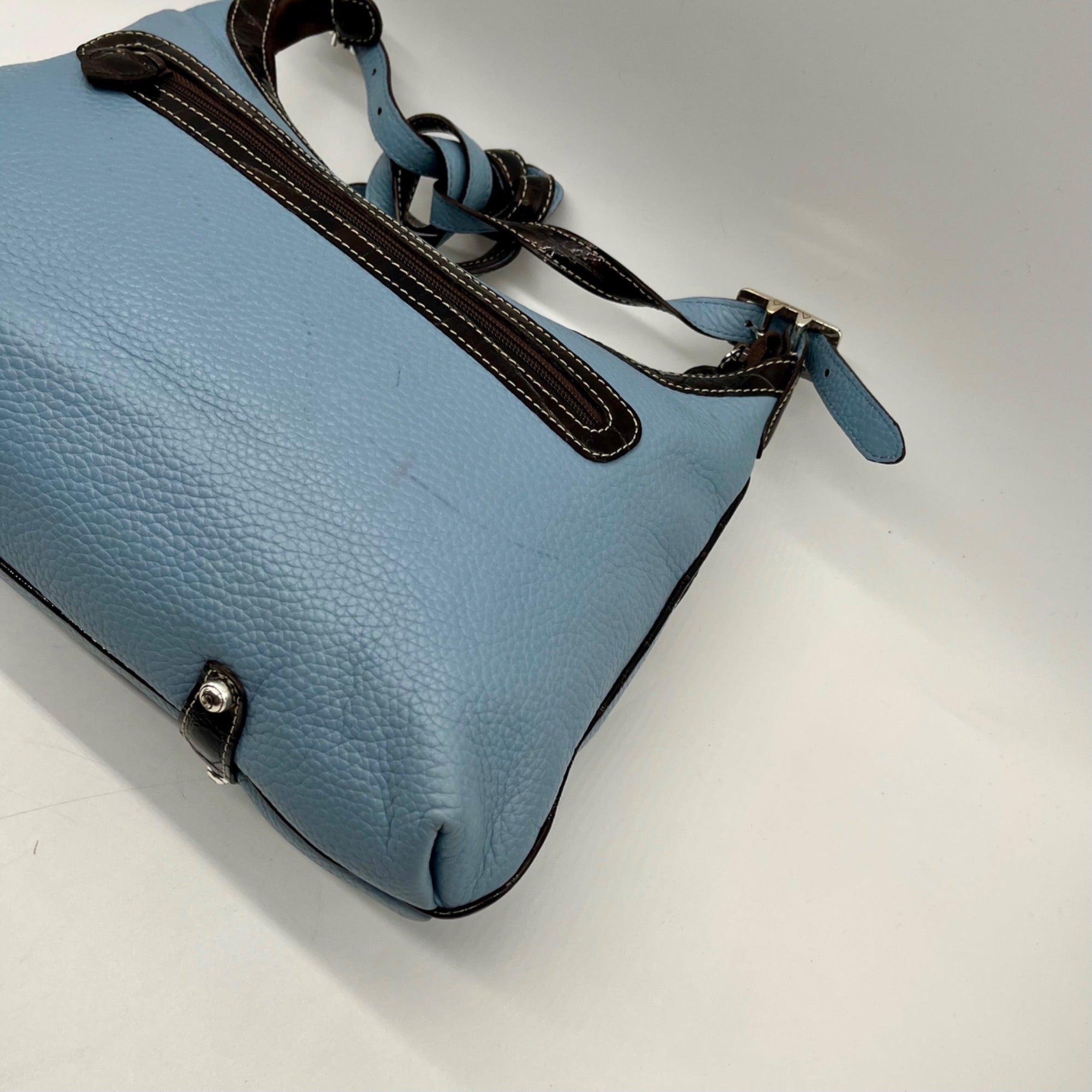 Brighton Sky Blue Pebbled Leather And Croc-Embossed Shoulder Bag