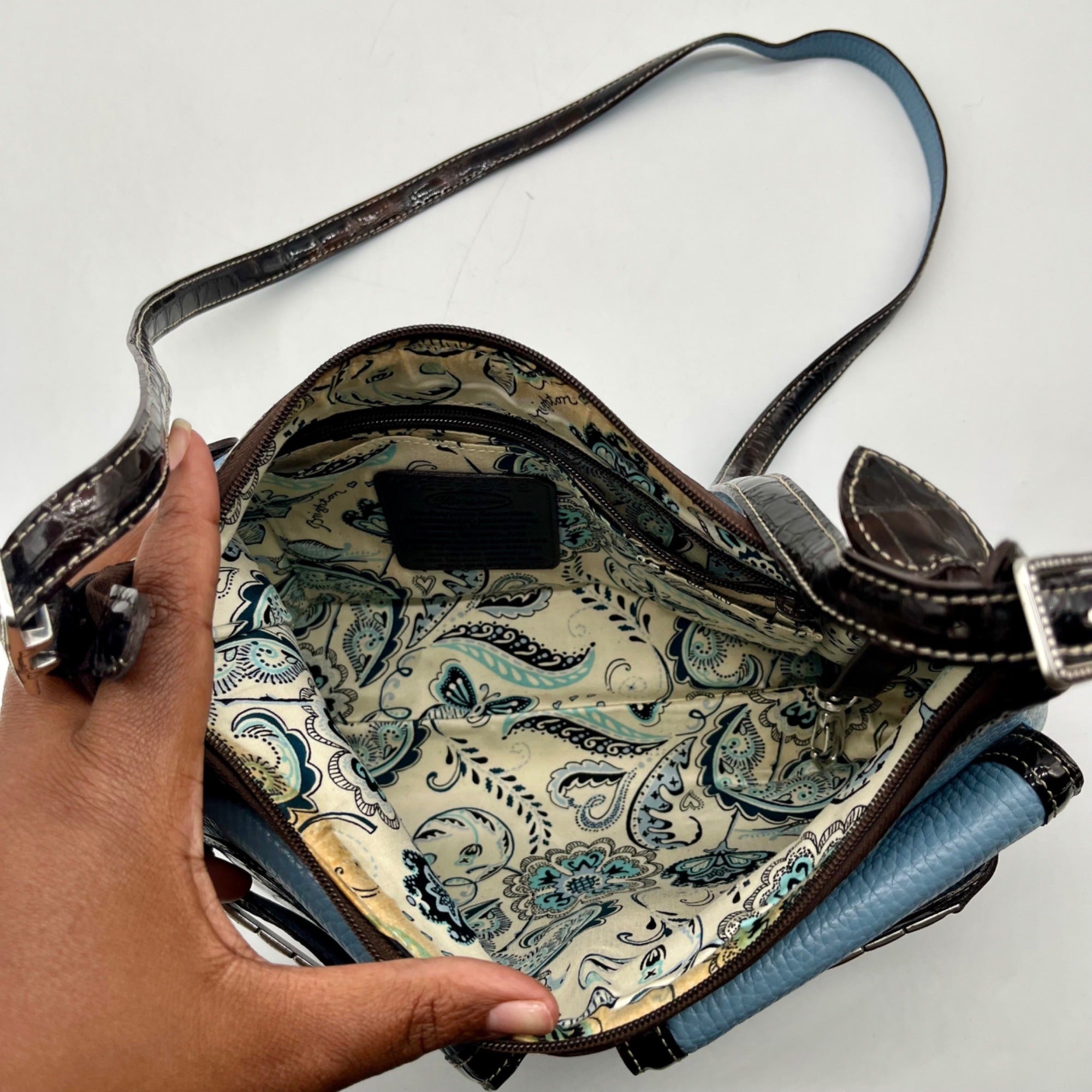 Brighton Sky Blue Pebbled Leather And Croc-Embossed Shoulder Bag