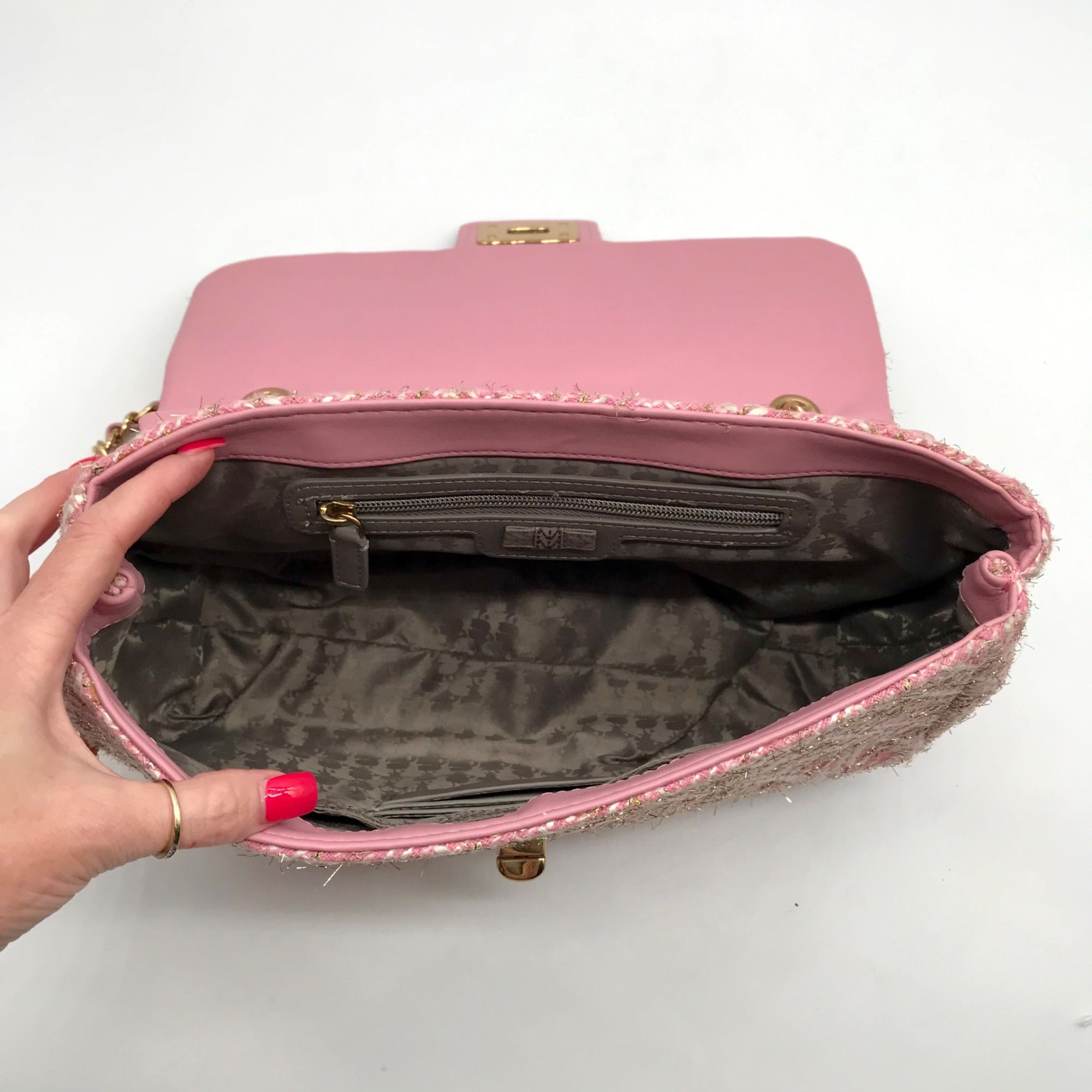 Karl Lagerfeld Pink And Gold Tweed Agyness Adjustable Shoulder Bag