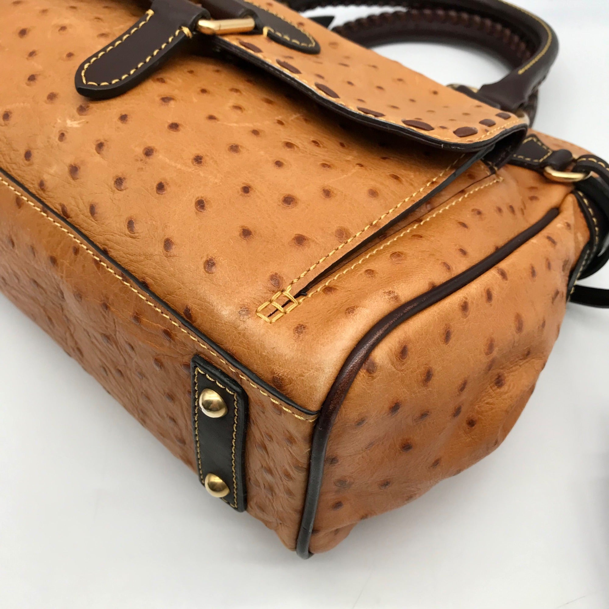 Dooney &amp; Bourke Tangerine &amp; Brown Ostrich Leather Pocket Satchel Bag
