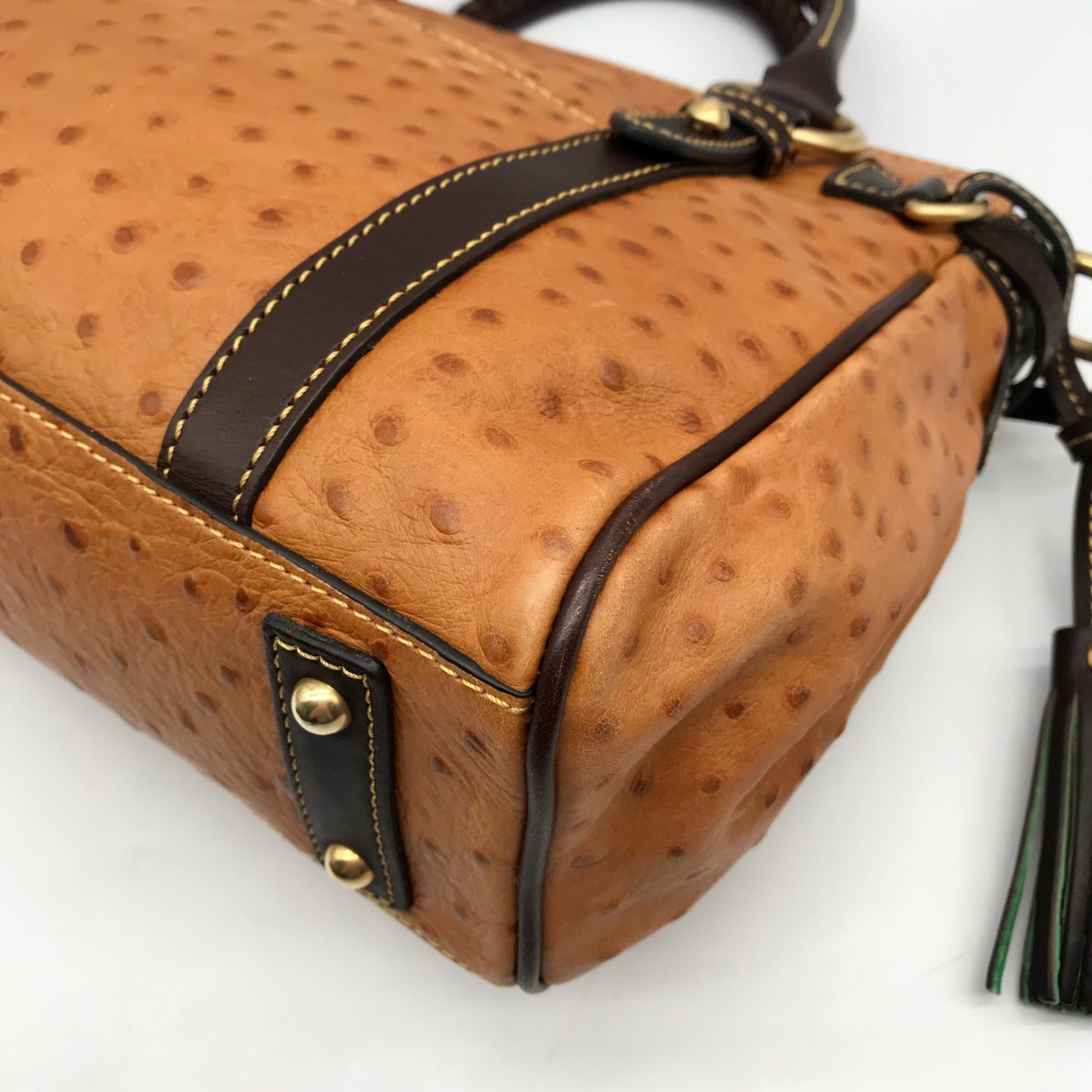 Dooney &amp; Bourke Tangerine &amp; Brown Ostrich Leather Pocket Satchel Bag