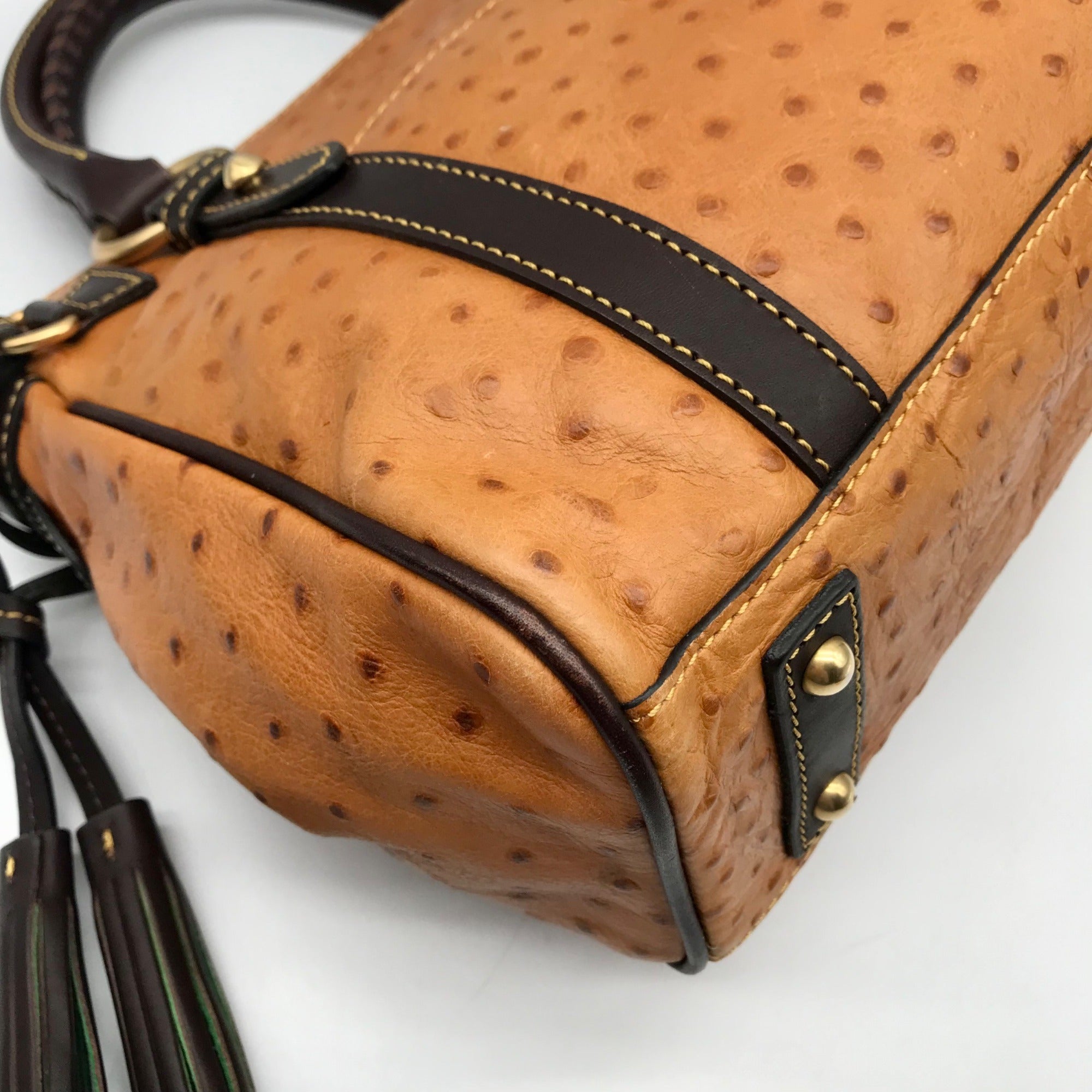 Dooney &amp; Bourke Tangerine &amp; Brown Ostrich Leather Pocket Satchel Bag