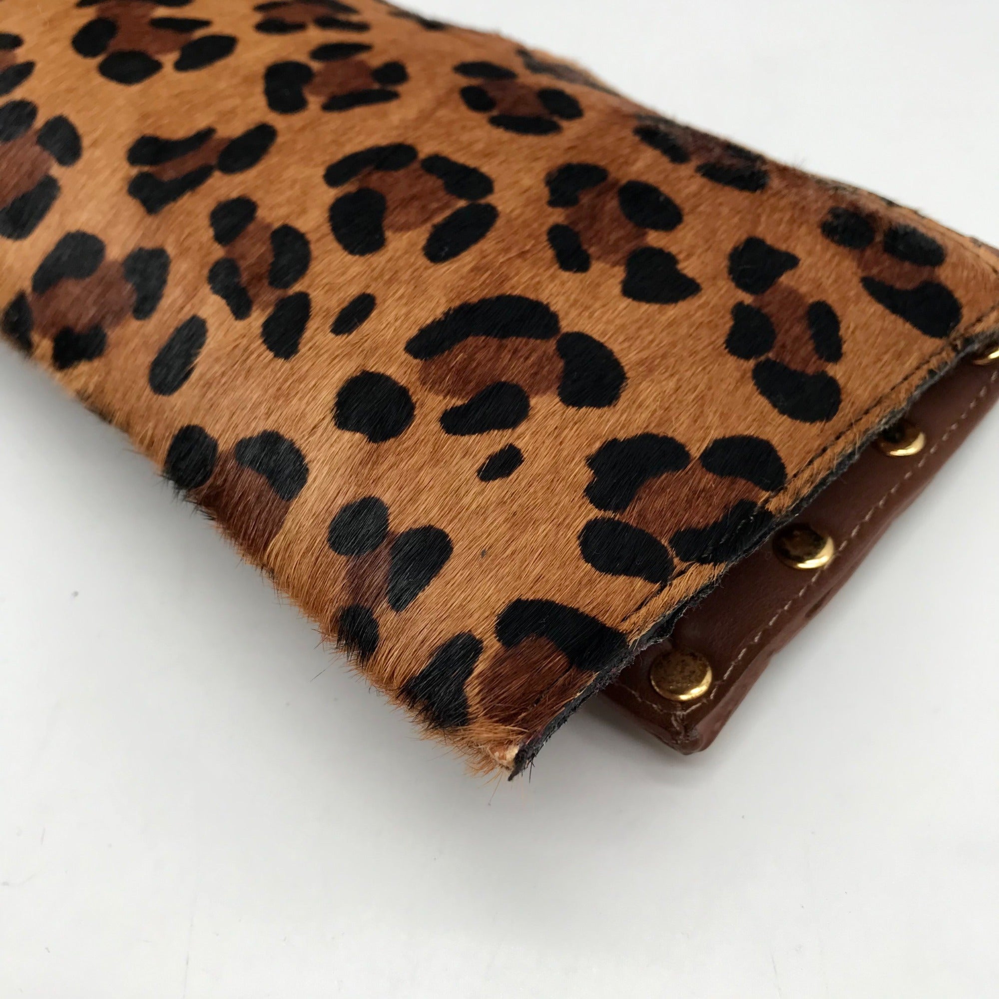 Beverly Feldman Brown Studded Leopard Print Clutch