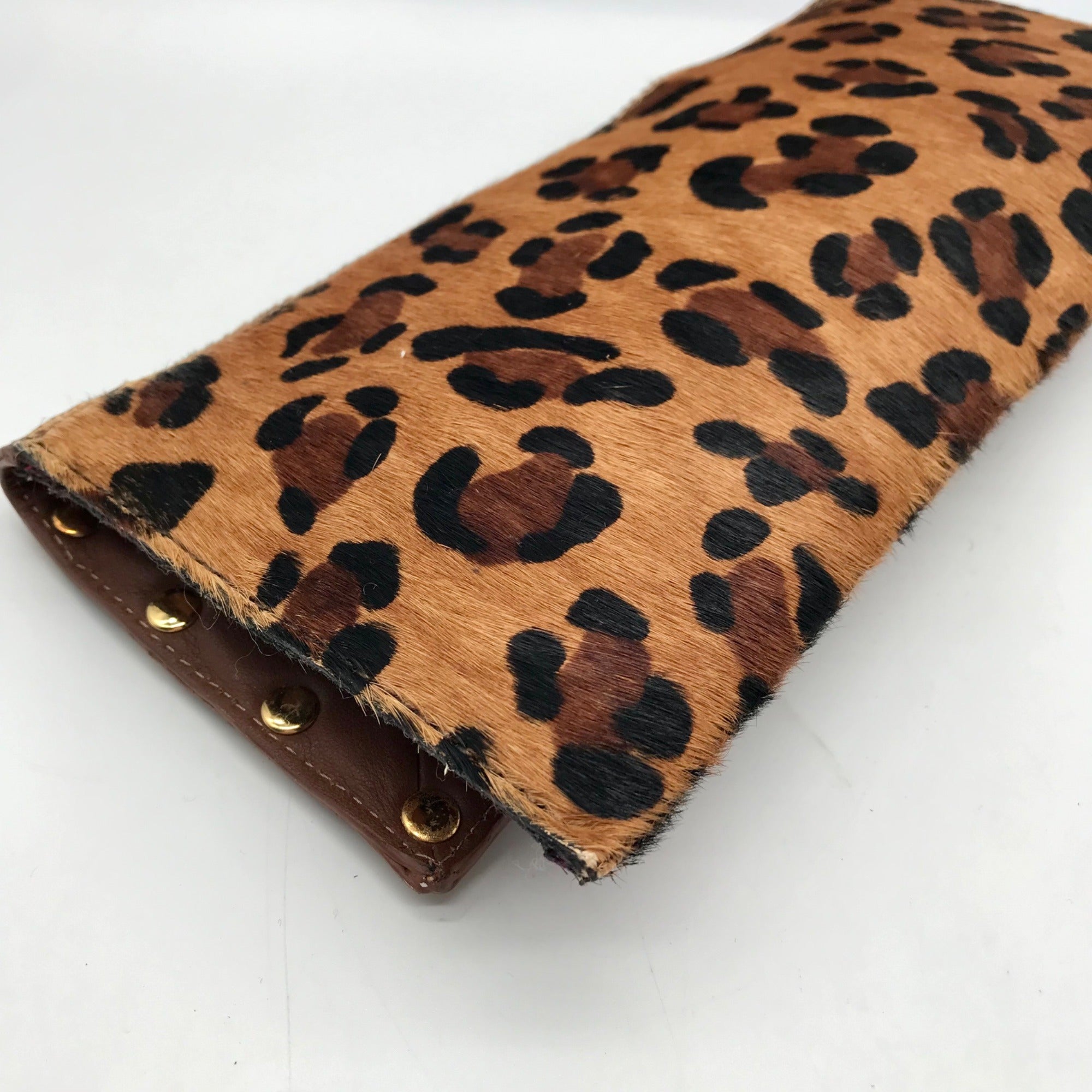 Beverly Feldman Brown Studded Leopard Print Clutch