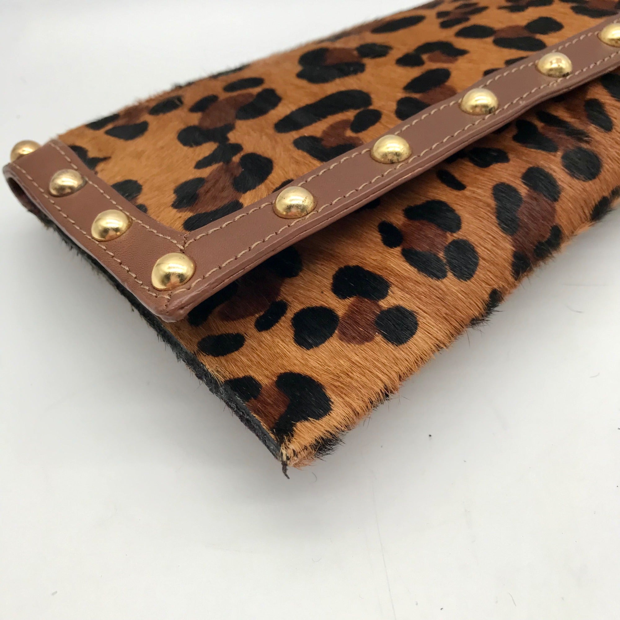 Beverly Feldman Brown Studded Leopard Print Clutch