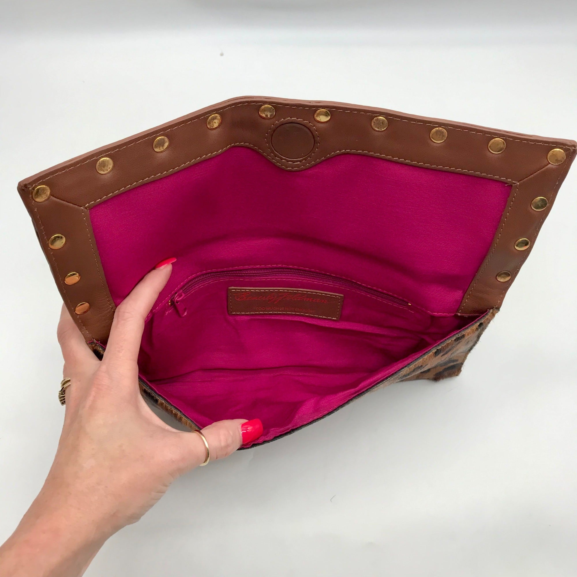 Beverly Feldman Brown Studded Leopard Print Clutch