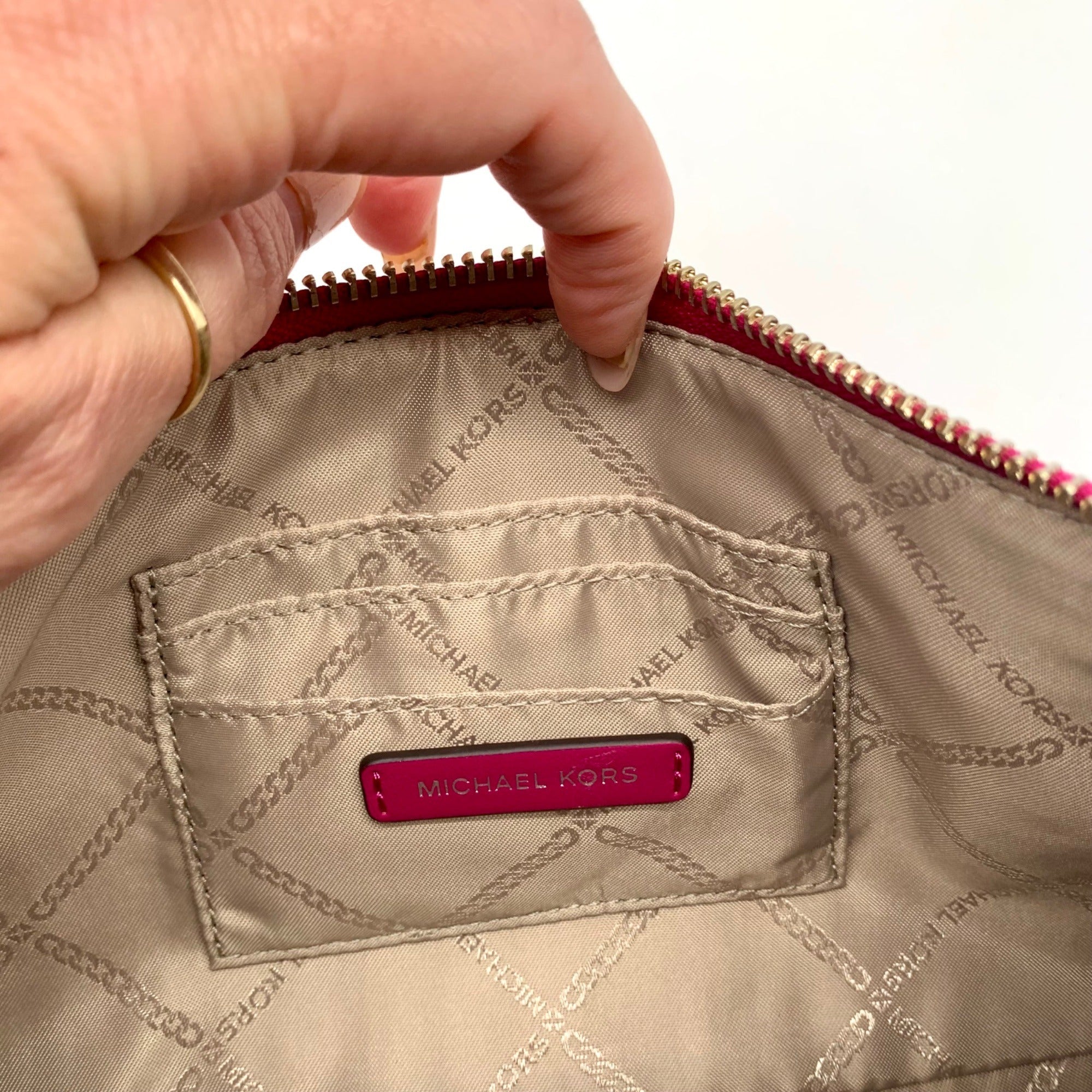 Michael Kors Empire Medium Pink Embellished Suede Chain Link Pouchette Bag