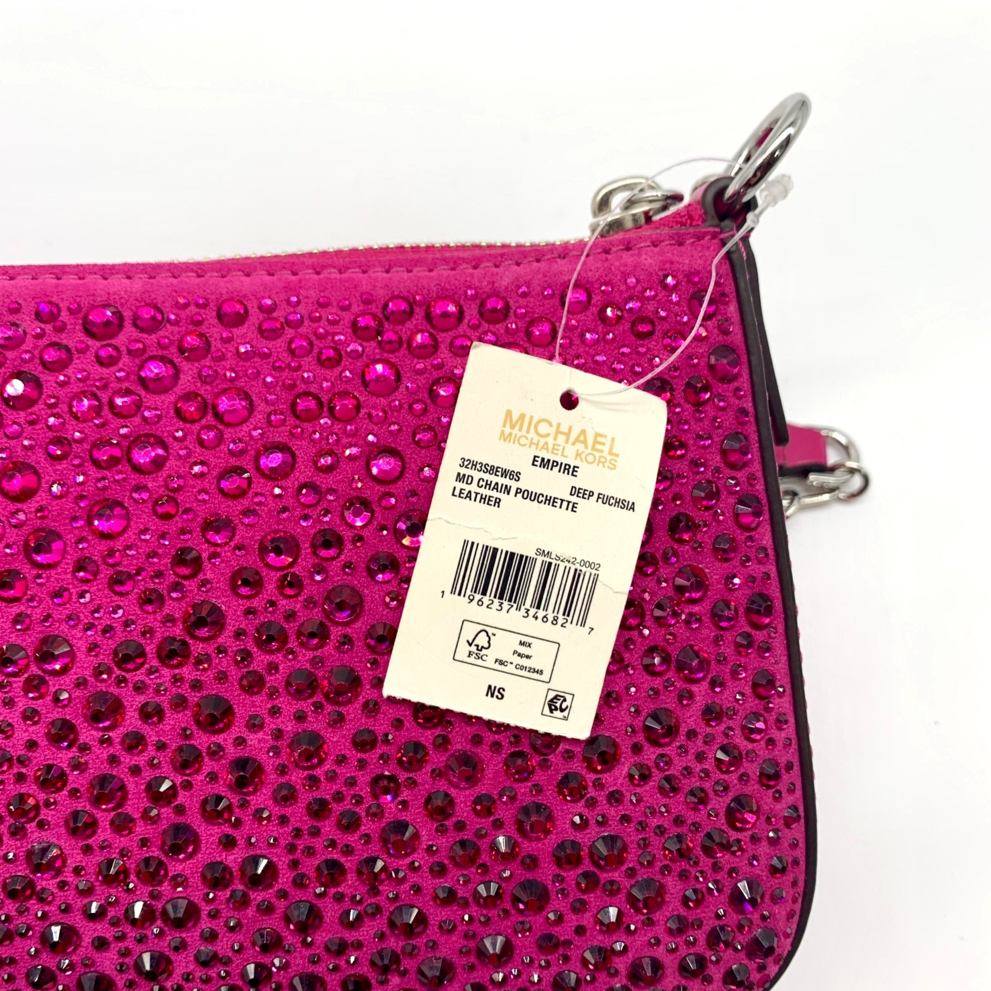 Michael Kors Empire Medium Pink Embellished Suede Chain Link Pouchette Bag
