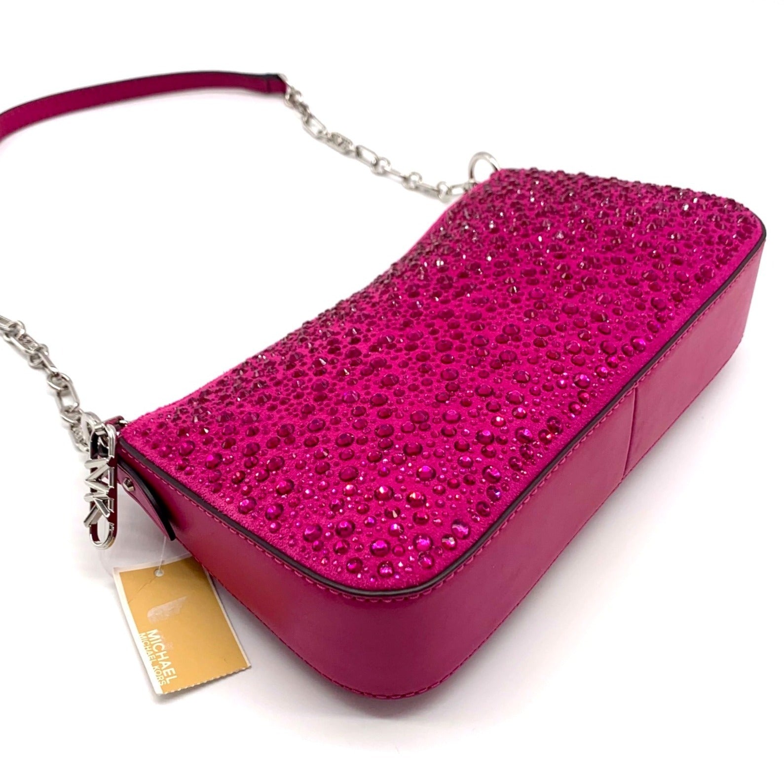 Michael Kors Empire Medium Pink Embellished Suede Chain Link Pouchette Bag