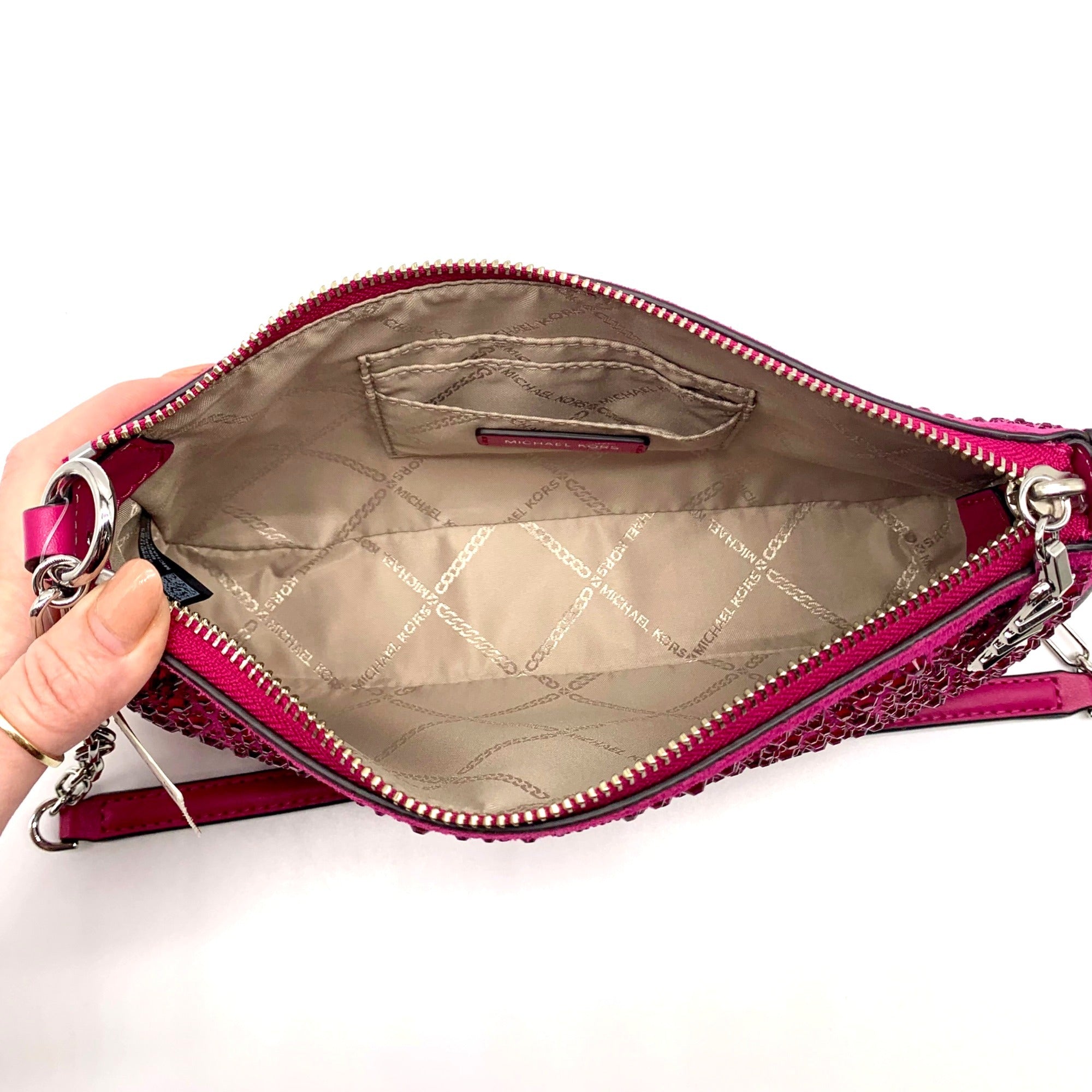 Michael Kors Empire Medium Pink Embellished Suede Chain Link Pouchette Bag