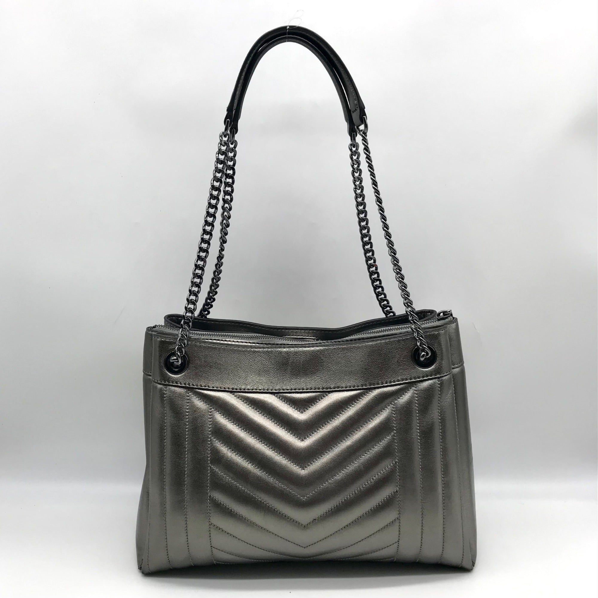 Michael Kors Metallic Grey Leather Susan Quilted Shoulder Bag