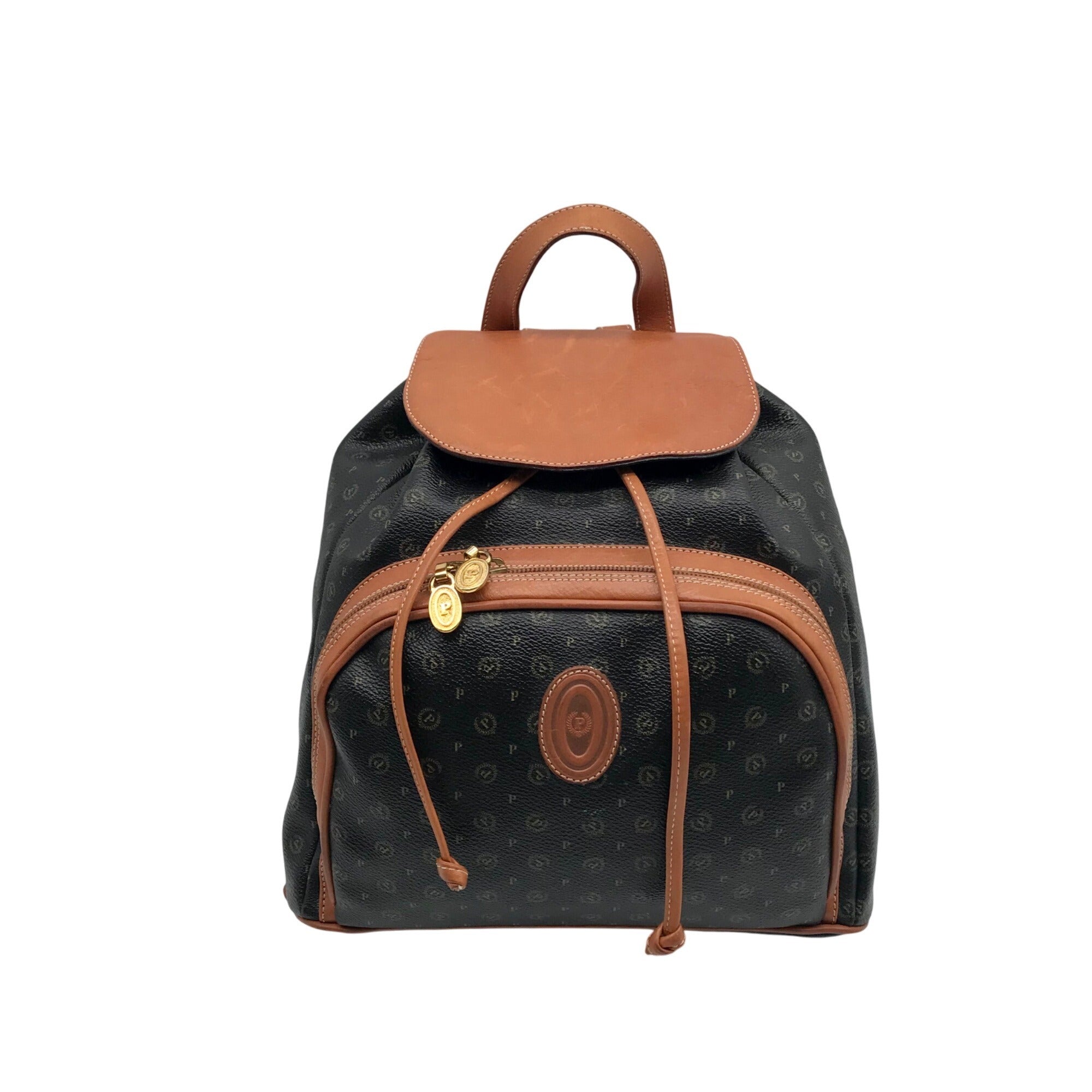 Pollini Black And Brown Monogramed Backpack 