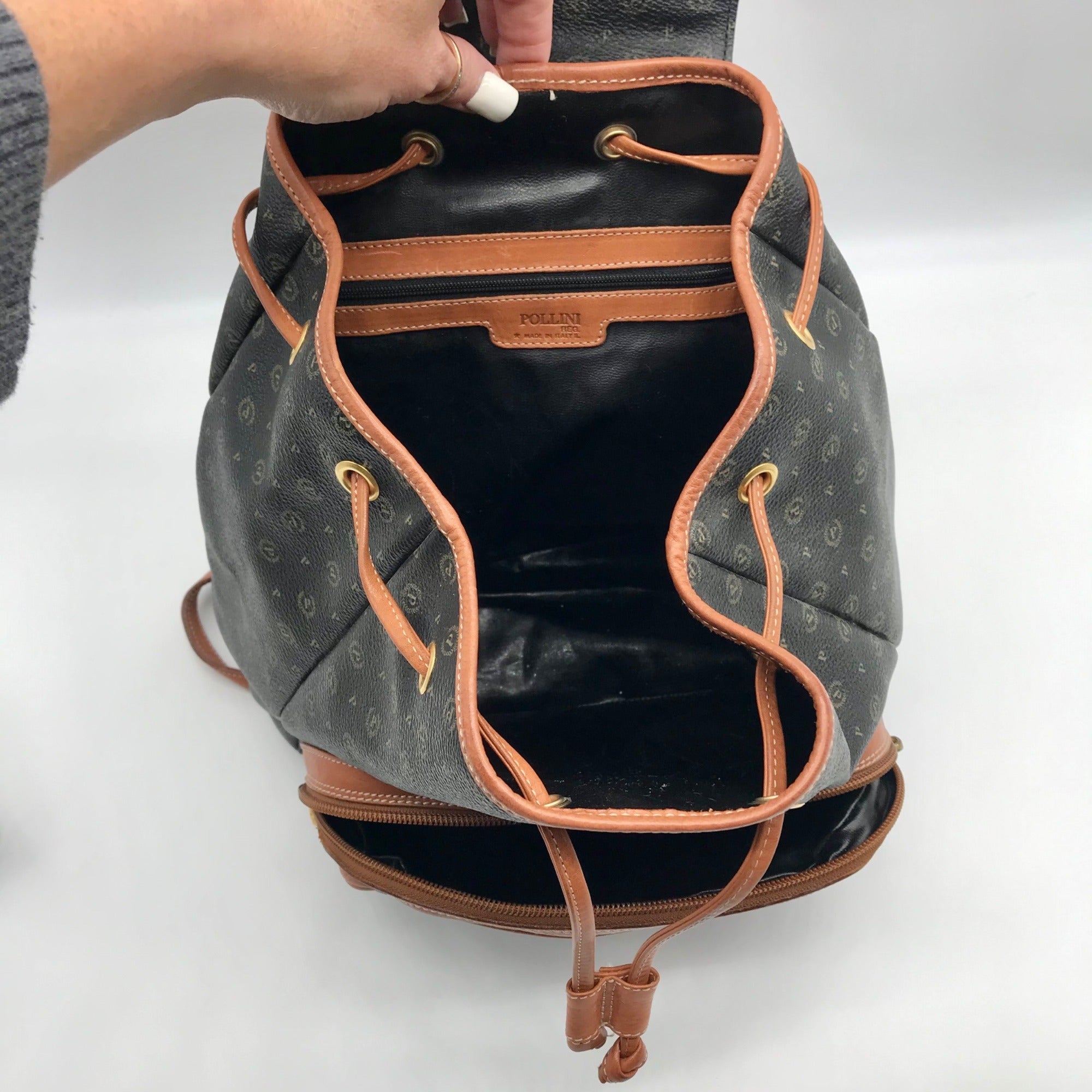 Pollini Black And Brown Monogramed Backpack